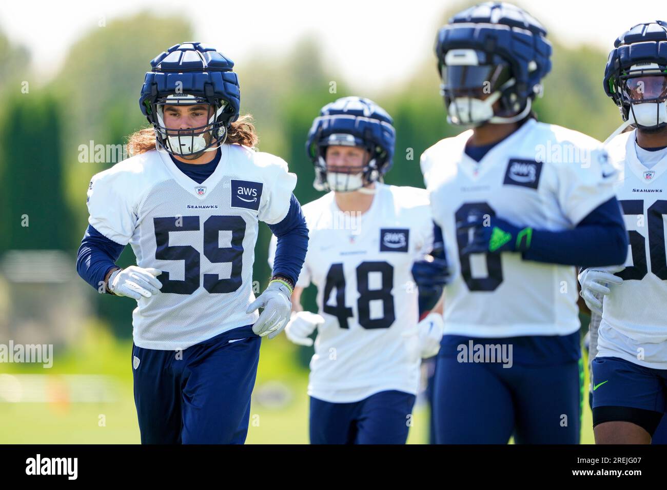 Seattle Seahawks linebacker Jon Rhattigan (59) walks on the field during  minicamp Tuesday, June 6, 2023, at the NFL football team's facilities in  Renton, Wash. (AP Photo/Lindsey Wasson Stock Photo - Alamy