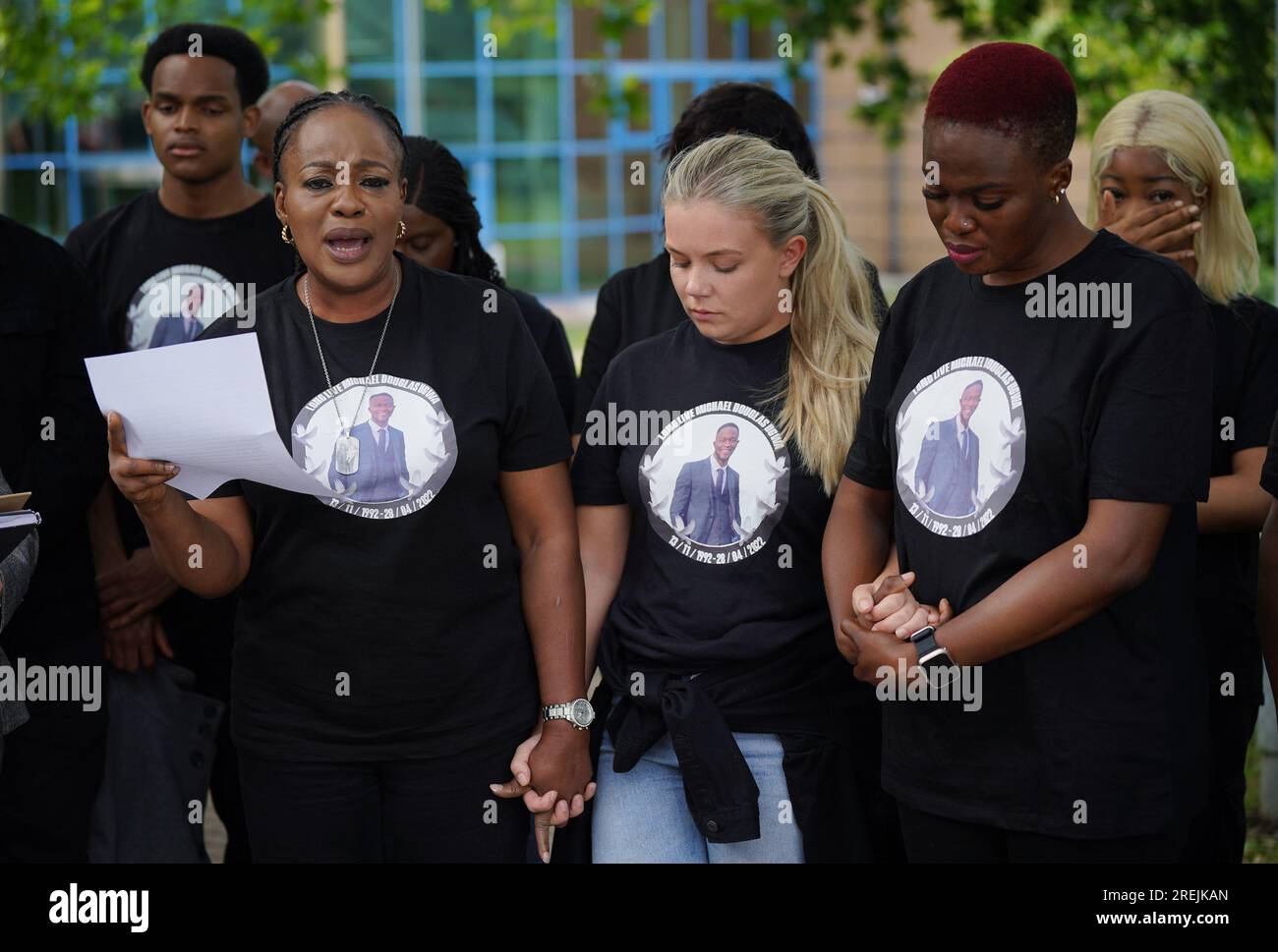 Michael Ugwa's mother Lauretta (left) makes a statement outside Basildon Combined Court, Essex, after three people, Muhammad Khan, Brandon Lutchmunsing and Shannon Weston, were sentenced for their part in the death of father-of-three Michael Ugwa, 29, from Rainham, east London, who was stabbed at the food court of Lakeside shopping centre in Thurrock, Essex and died at the scene on April 28, 2022. Picture date: Friday July 28, 2023. Stock Photo