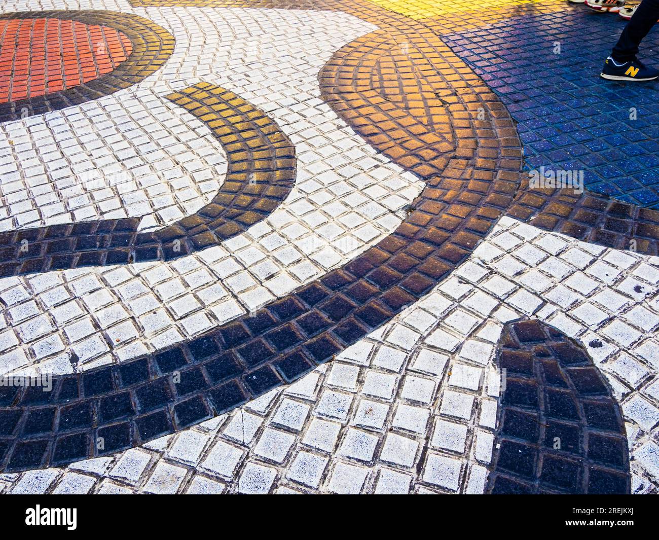 The Joan Miró pavement mosaic at Plaça Boqueria halfway along Las Ramblas in Barcelona, Catalonia, Spain. Stock Photo