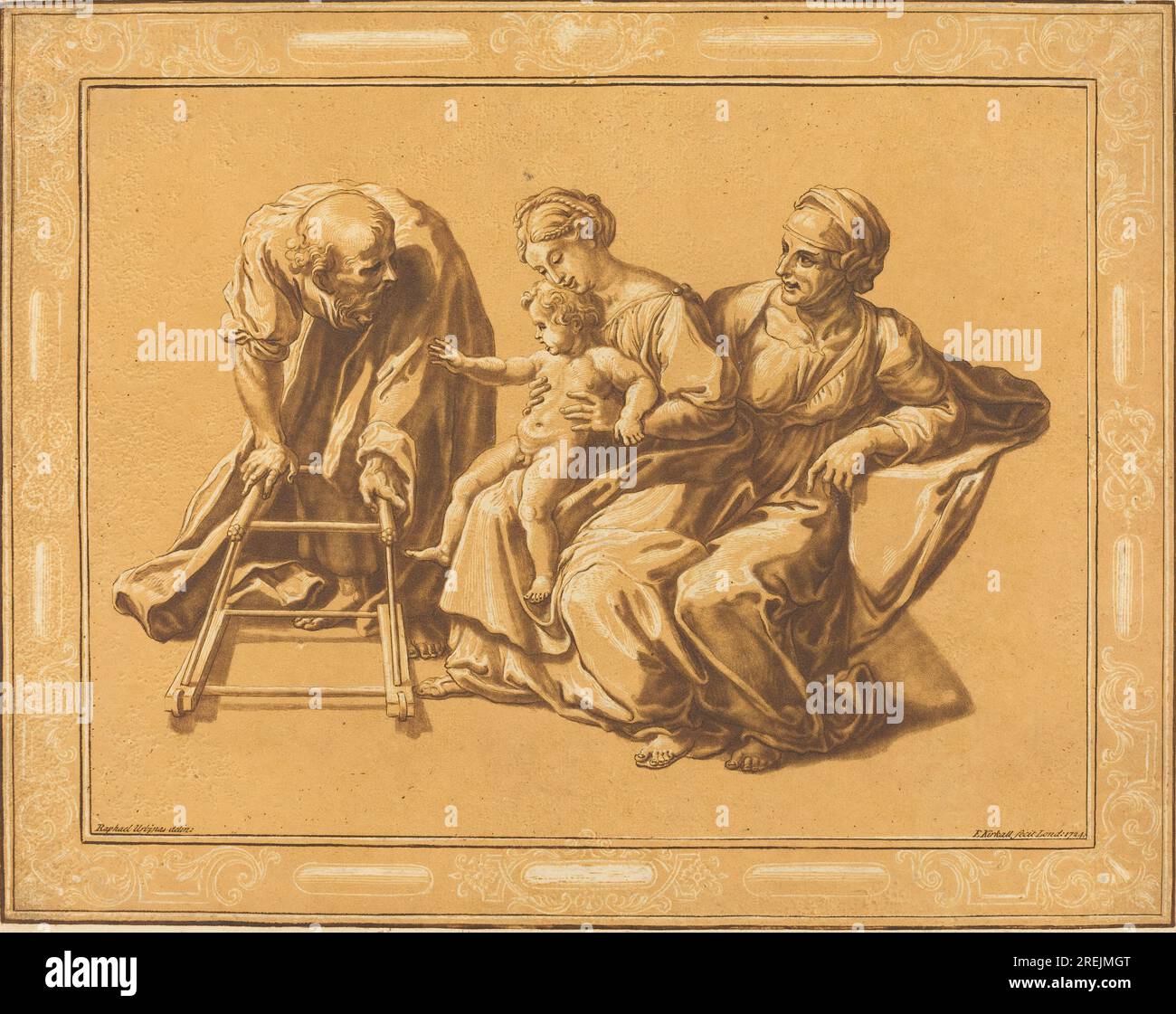 'Elisha Kirkall after Raphael, The Holy Family, 1724, etching and mezzotint with woodcut printed in brown and ochre on laid paper, block: 27.9 x 35.1 cm (11 x 13 13/16 in.) sheet: 29.2 x 37.5 cm (11 1/2 x 14 3/4 in.), Paul Mellon Fund, 2001.118.18' Stock Photo