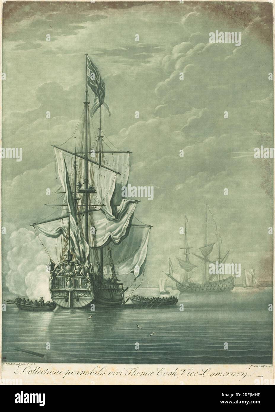 'Elisha Kirkall after Willem van de Velde the Elder, Shipping Scene from the Collection of Thomas Cook, 1720s, mezzotint and etching printed in green and black on laid paper, plate: 33.5 x 40.2 cm (13 3/16 x 15 13/16 in.) sheet: 35.6 x 43200 cm (14 x 17007 13/16 in.), Paul Mellon Fund, 2001.118.17.7' Stock Photo