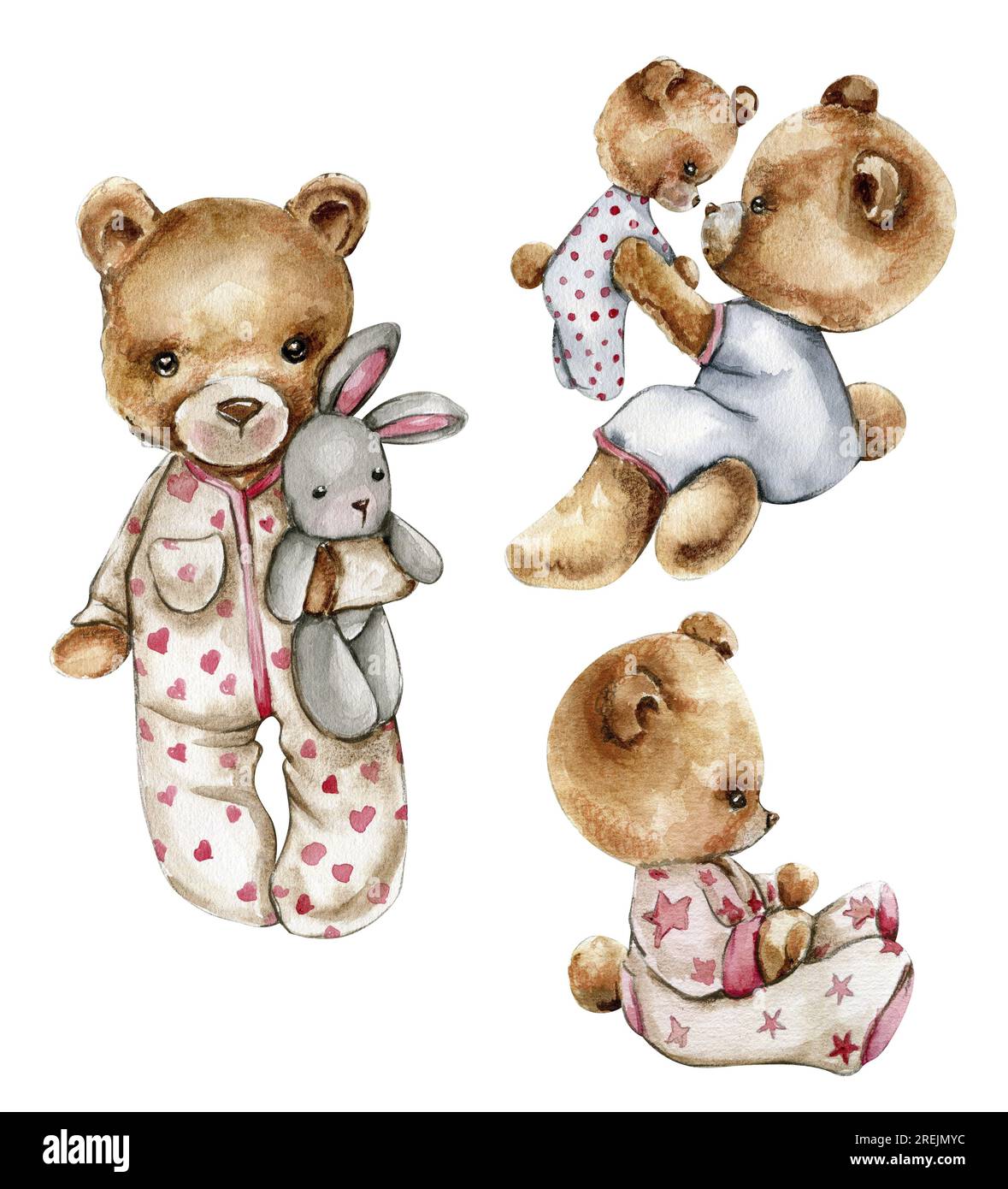 Teddy bear baby and in pijama with mother. Design for baby shower party, birthday, cake, holiday design, greetings card, invitation. Stock Photo