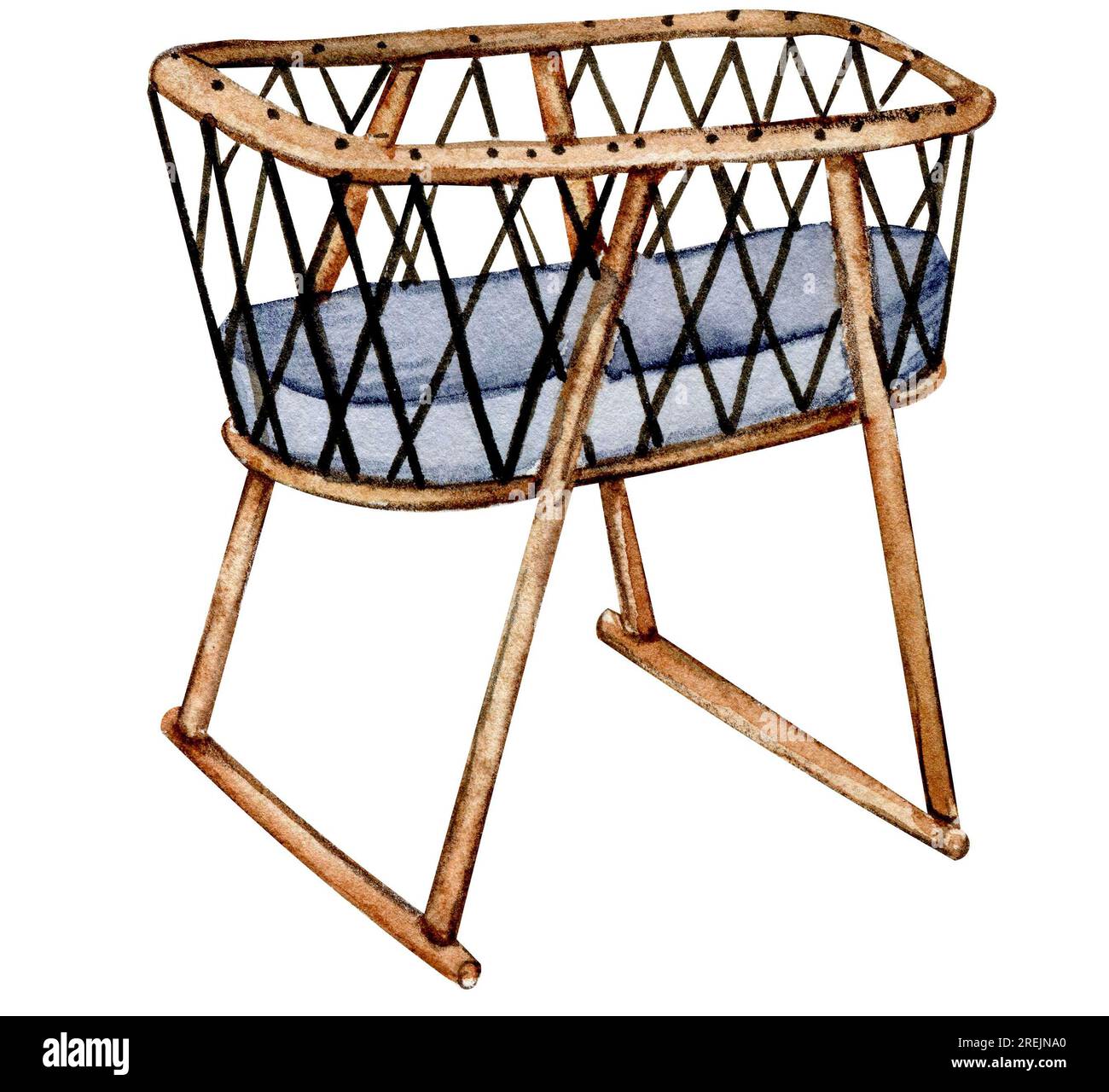 Watercolor baby wicker cradle. Wood kids toys watercolor hand drawn