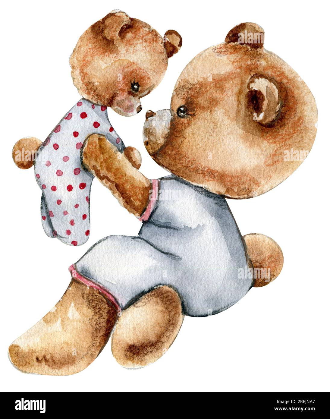 Teddy bear and in pijama with toy. Design for baby shower party, birthday, cake, holiday design, greetings card, invitation. Stock Photo