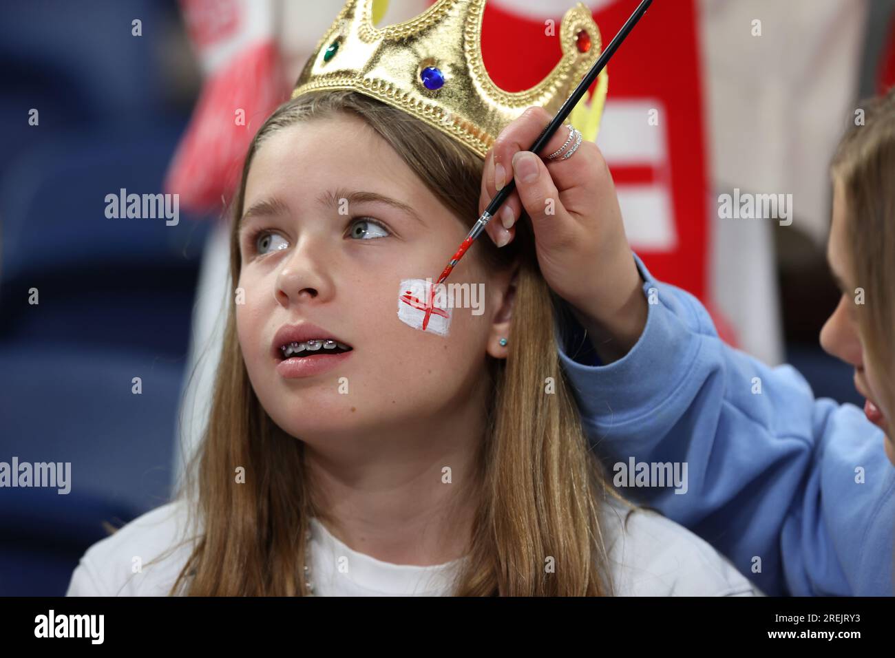 Sydney, Australia. 28th July, 2023. Soccer Fan of England seen with the England flag paint on the cheek during the FIFA Women's World Cup 2023 against Denmark in the Sydney Football Stadium. Final score: England 1 - Denmark 0. Credit: SOPA Images Limited/Alamy Live News Stock Photo