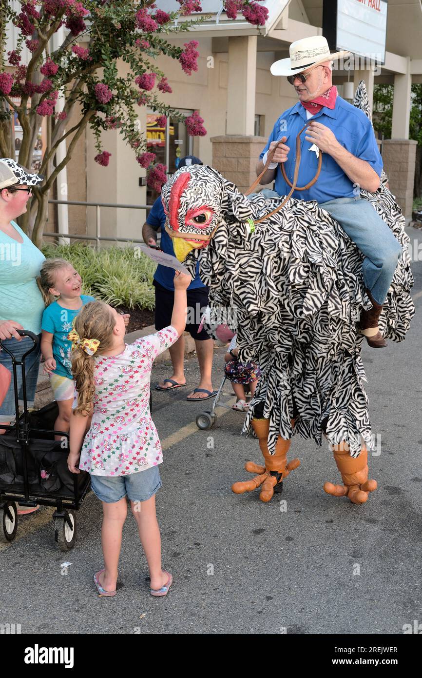 Performer, dressed in a giant chicken costume,  engages crowds on the midway at the 2023 Delaware State Fair, Harrington, Delaware USA. Stock Photo