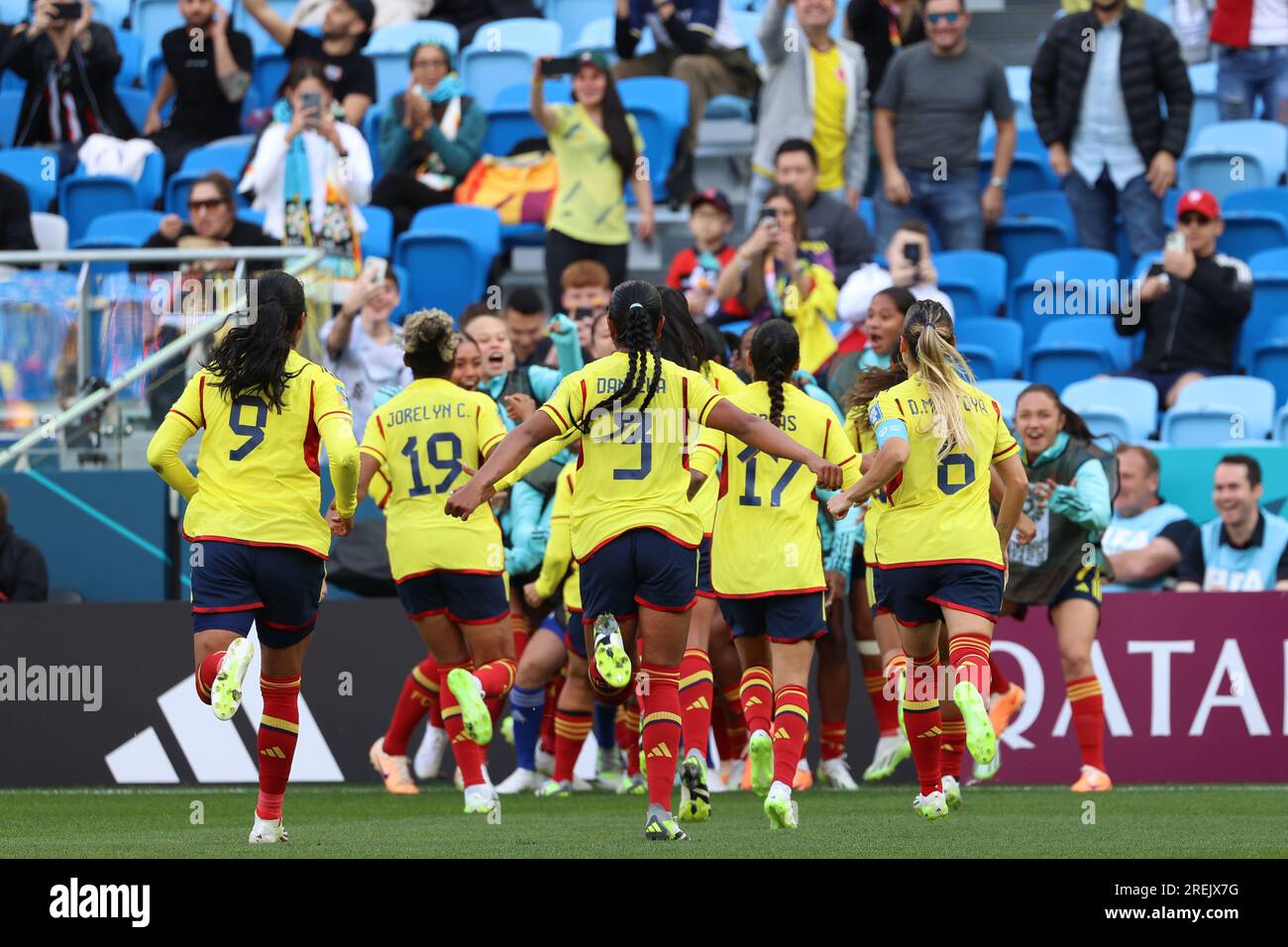 Sydney, Australia. 25th July, 2023. Colombia's team celebrate the first goal during the FIFA Women's World Cup 2023 Australia/New Zeland between Colombia and Corea at Aussie Stadium. Final score: Colombia 2 - South Korea 0. Credit: SOPA Images Limited/Alamy Live News Stock Photo