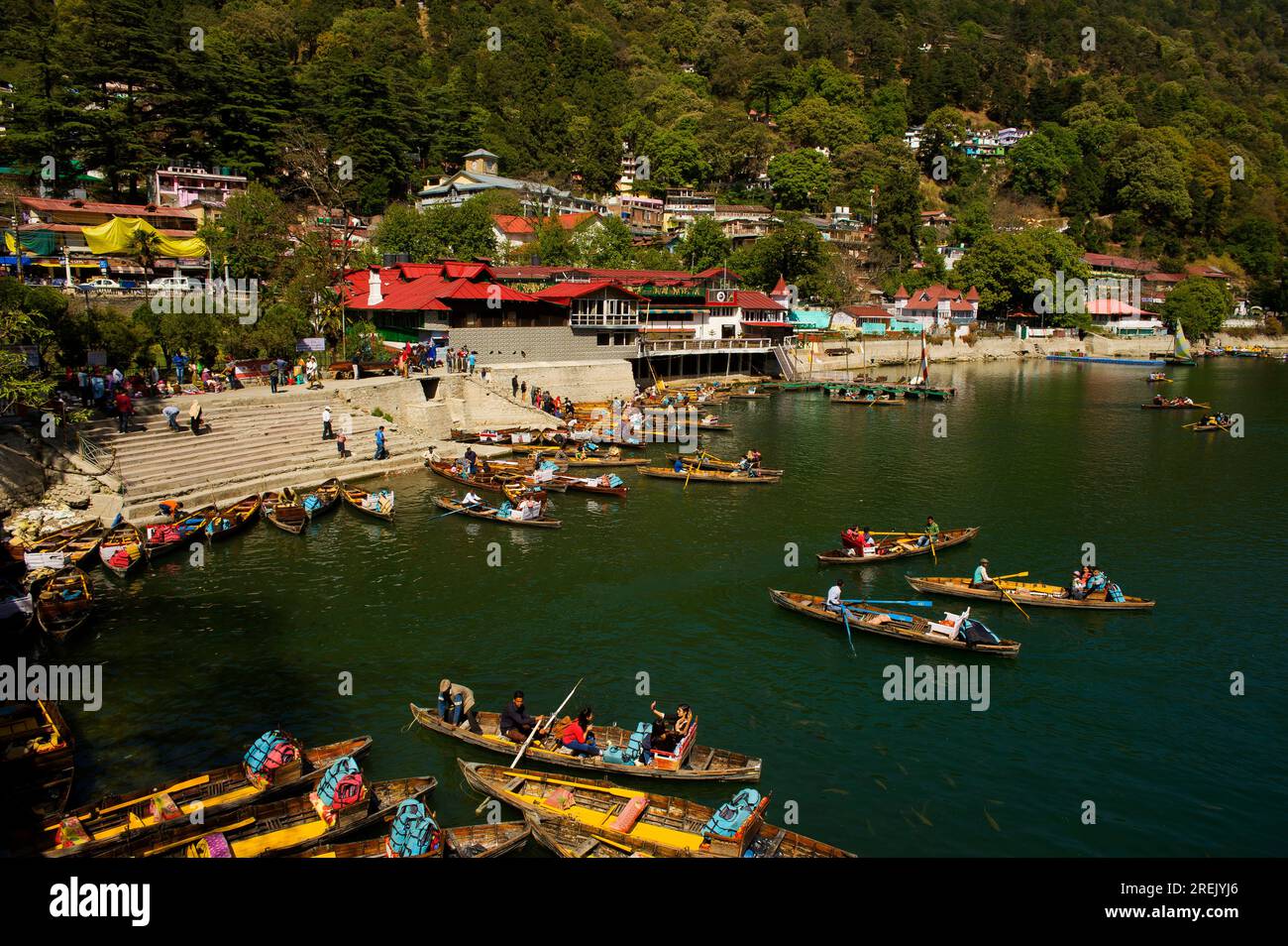 Tourists on boat ride at Nainital Lake, on the hill station of Nainital Uttarakhand, India Stock Photo