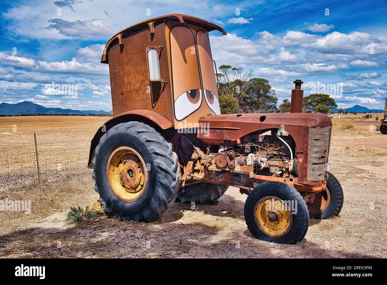 Street art tractor in the Australian outback, along the 'Horsepower Highway' art trail in Gnowangerup, Western Australia Stock Photo