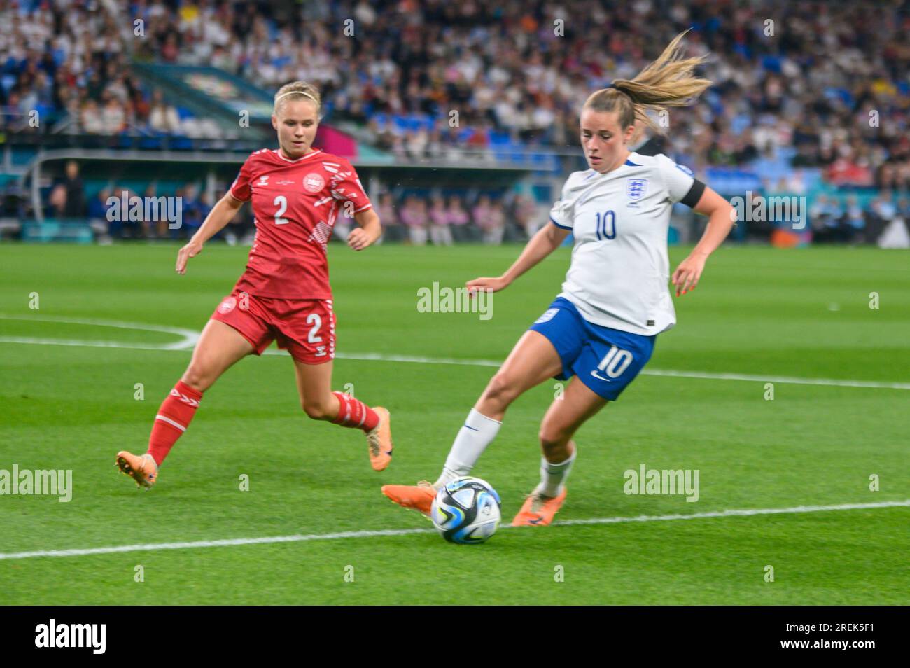Sydney, Australia. 28th July, 2023. Stine Ballisager of Denmark and Ella Toone of England during the FIFA Women's World Cup 2023 match between England Women and Denmark Women at Allianz Stadium, Sydney, Australia on 28 July 2023. Photo by Richard Nicholson. Editorial use only, license required for commercial use. No use in betting, games or a single club/league/player publications. Credit: UK Sports Pics Ltd/Alamy Live News Stock Photo