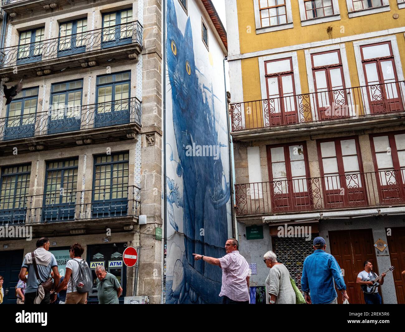 Porto, Portugal. 18th June, 2023. A huge drawn of a cat is seen painted on  a wall between buildings. Porto is Portugal's second-largest city and the  capital of the Northern region, and