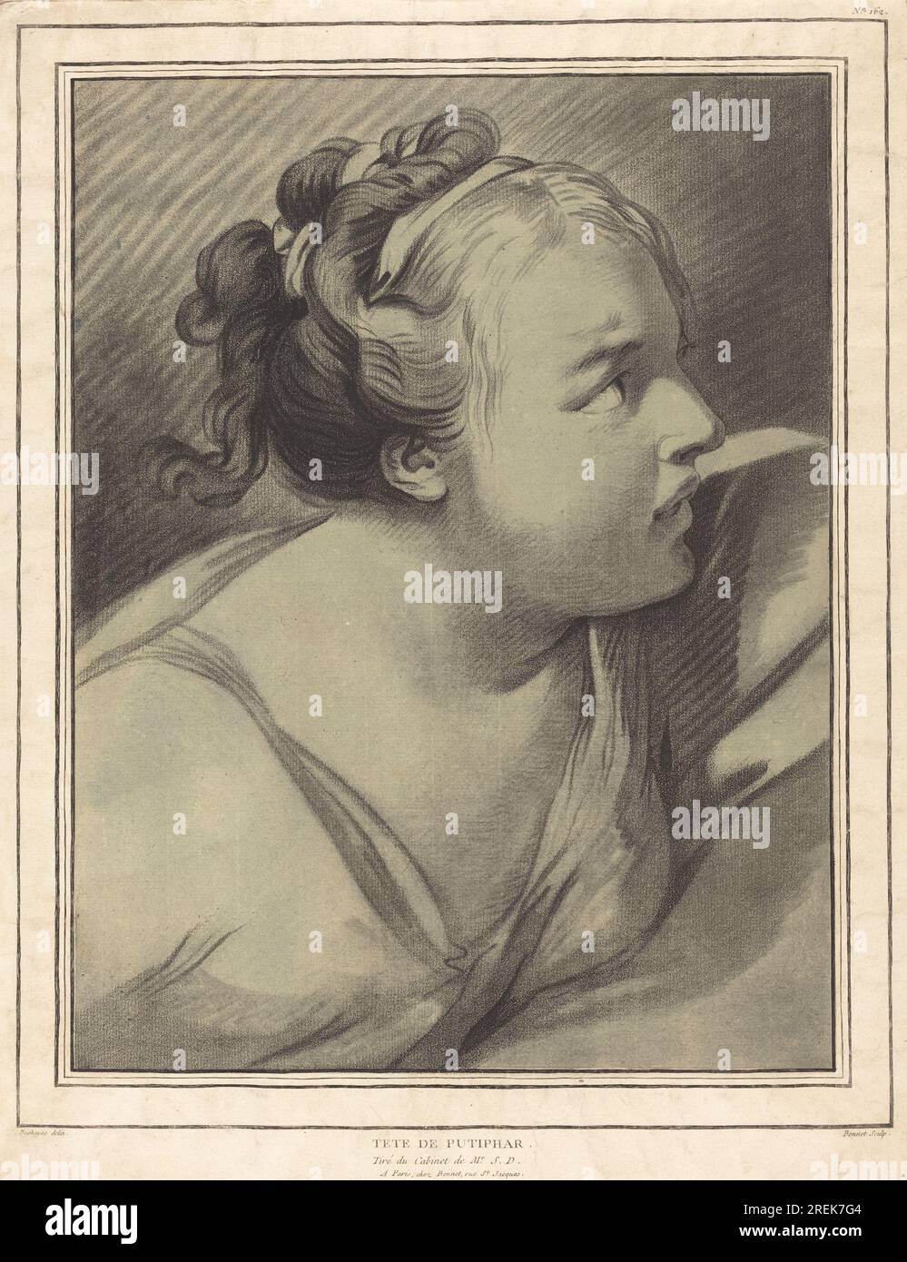 'Louis-Marin Bonnet, after Jean-Baptiste Deshays, Tête de Putiphar (Potiphar's Wife), 1770/1780, crayon-manner engraving in black on blue laid paper; laid down to engraved sheet, sheet: 42.2 x 32.5 cm (16 5/8 x 12 13/16 in.) support: 53.1 x 39.3 cm (20 7/8 x 15 1/2 in.), Ailsa Mellon Bruce Fund, 1992.22.3' Stock Photo