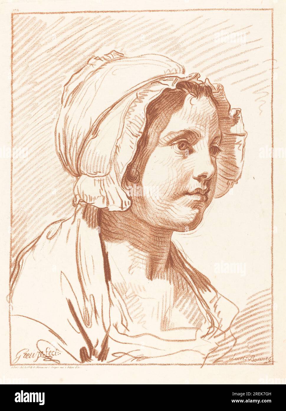 'Louis-Marin Bonnet after Jean-Baptiste Greuze, Head of a Young Woman Wearing a Cap, before 1764, chalk manner printed in red ink, plate: 46.5 x 34.6 cm (18 5/16 x 13 5/8 in.) overall (outside framing line): 42.7 x 31.9 cm (16 13/16 x 12 9/16 in.), Gift of Ivan E. and Winifred Phillips, 1997.17.1' Stock Photo
