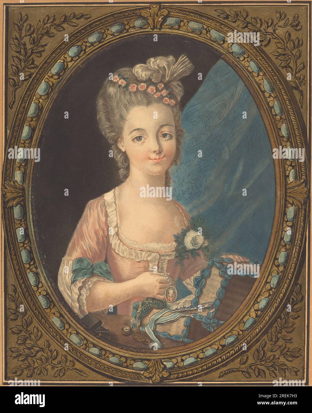'Louis-Marin Bonnet, The Marriage Presents, 1770s, pastel manner with ornamental borders drawn in pen and black ink, watercolor, and gold flocking, sheet: 29 x 23.4 cm (11 7/16 x 9 3/16 in.), Ellwanger/Mescha Collection, 2003.150.11' Stock Photo