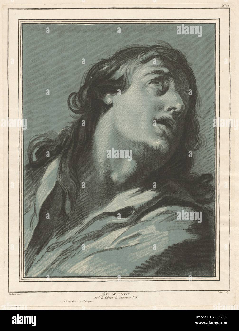 'Louis-Marin Bonnet, after Jean-Baptiste Deshays, Tête de Joseph (Head of Joseph), 1773, chalk manner printed from two plates in black and white on blue laid paper, plate: 51.2 × 39.5 cm (20 3/16 × 15 9/16 in.) sheet: 58.8 × 44.4 cm (23 1/8 × 17 1/2 in.), Purchase as the Gift of Ivan and Winifred Phillips in Honor of Margaret Morgan Grasselli, 2017.6.1' Stock Photo
