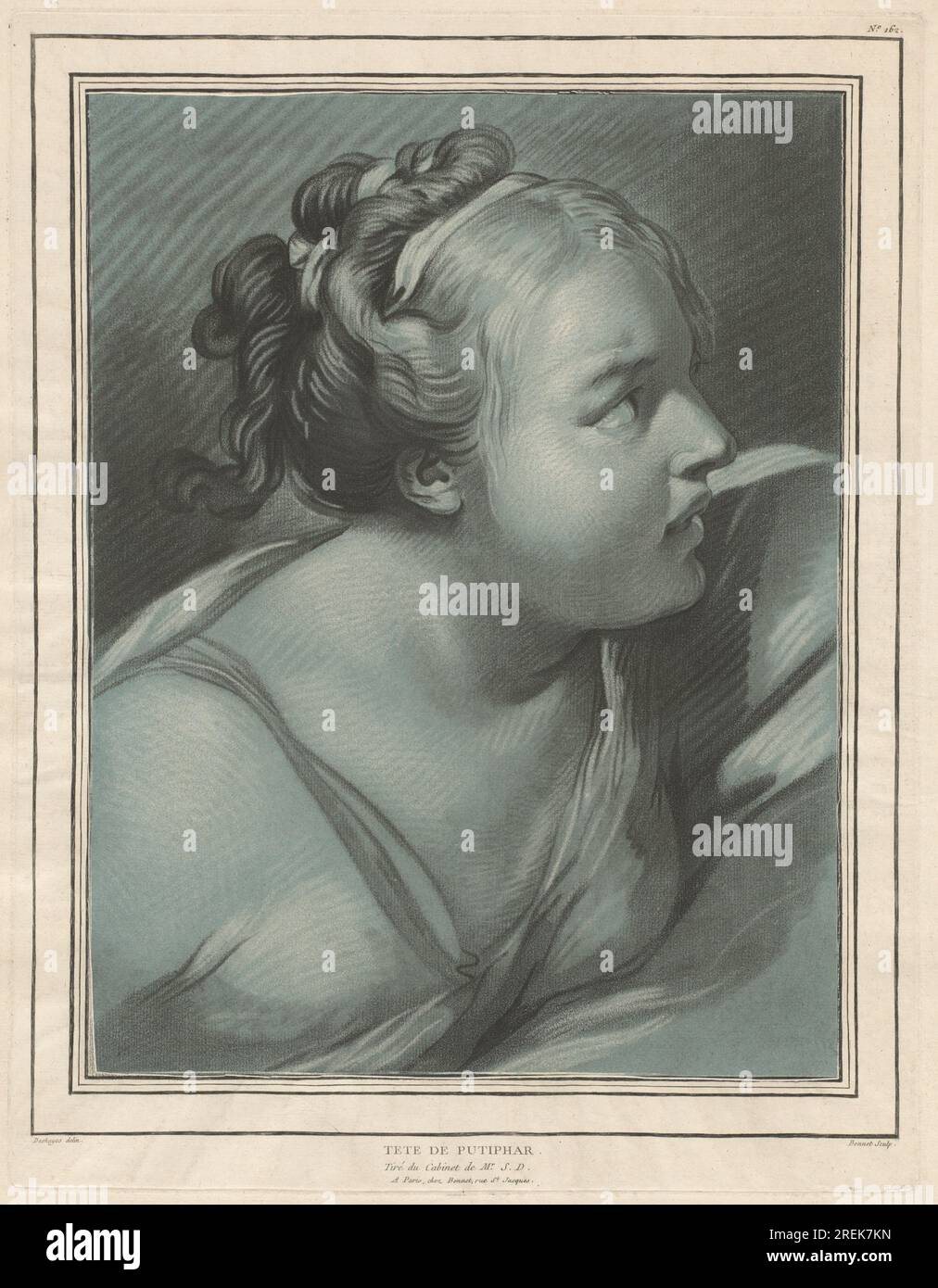 'Louis-Marin Bonnet, after Jean-Baptiste Deshays, Tête de Putiphar (Head of Potiphar's Wife), 1773, chalk manner printed from two plates in black and white on blue laid paper, plate: 50.9 × 39.2 cm (20 1/16 × 15 7/16 in.) sheet: 57.3 × 43.9 cm (22 9/16 × 17 5/16 in.), Purchase as the Gift of Ivan and Winifred Phillips in Honor of Margaret Morgan Grasselli, 2017.6.2' Stock Photo