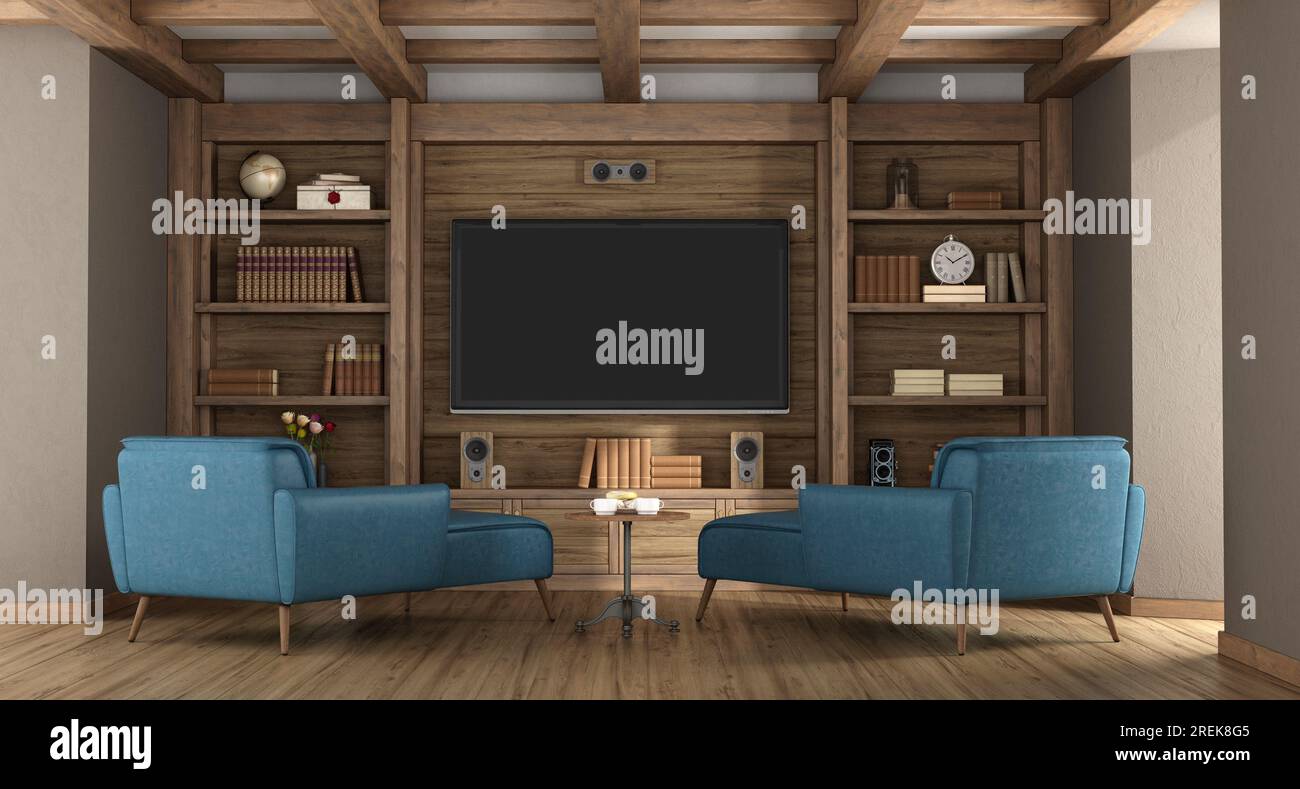 Retro style room with bookcase in solid wood with blue chaise lounge