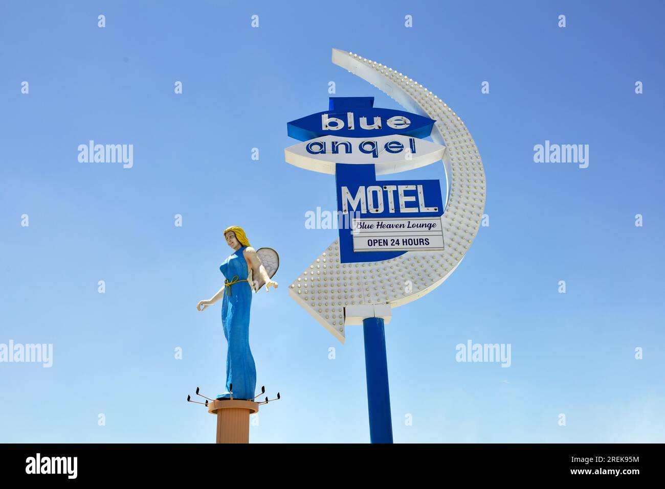 Blue Angel Motel with a retro sculpture and a neon and glitter bulb