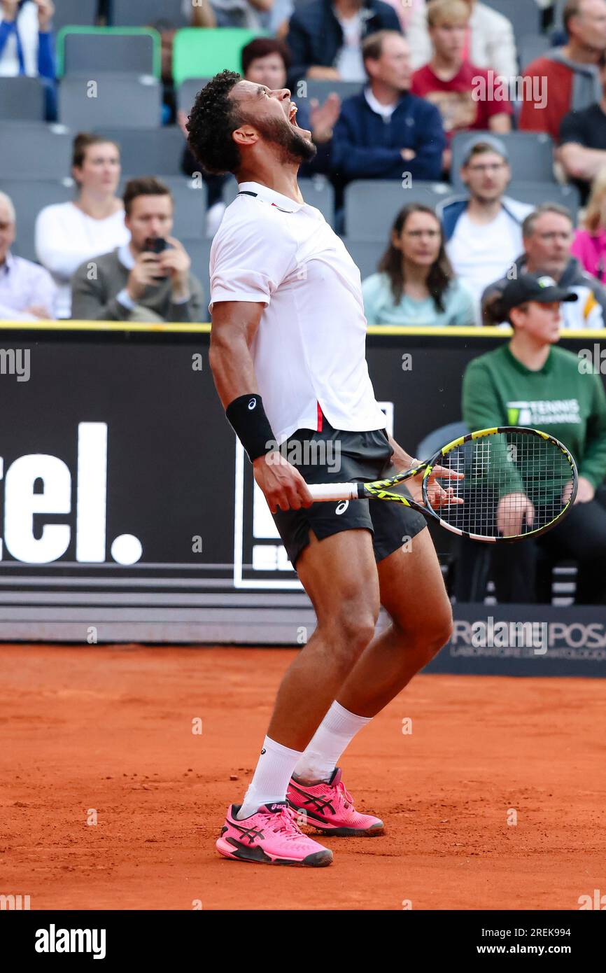 Hamburg, Germany. 28th July, 2023. Tennis: Hamburg European Open (ATP Tournament), Rothenbaum Tennis Stadium, Men, Singles, Quarterfinals, Ruud (Norway) - Fils (France). Arthur Fils cheers. Credit: Frank Molter/dpa/Alamy Live News Stock Photo