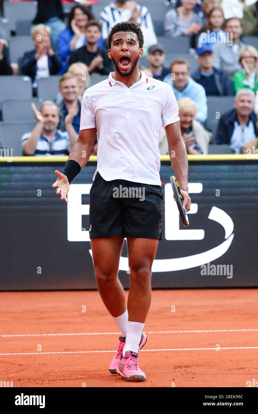 Hamburg, Germany. 28th July, 2023. Tennis: Hamburg European Open (ATP Tournament), Rothenbaum Tennis Stadium, Men, Singles, Quarterfinals, Ruud (Norway) - Fils (France). Arthur Fils cheers. Credit: Frank Molter/dpa/Alamy Live News Stock Photo