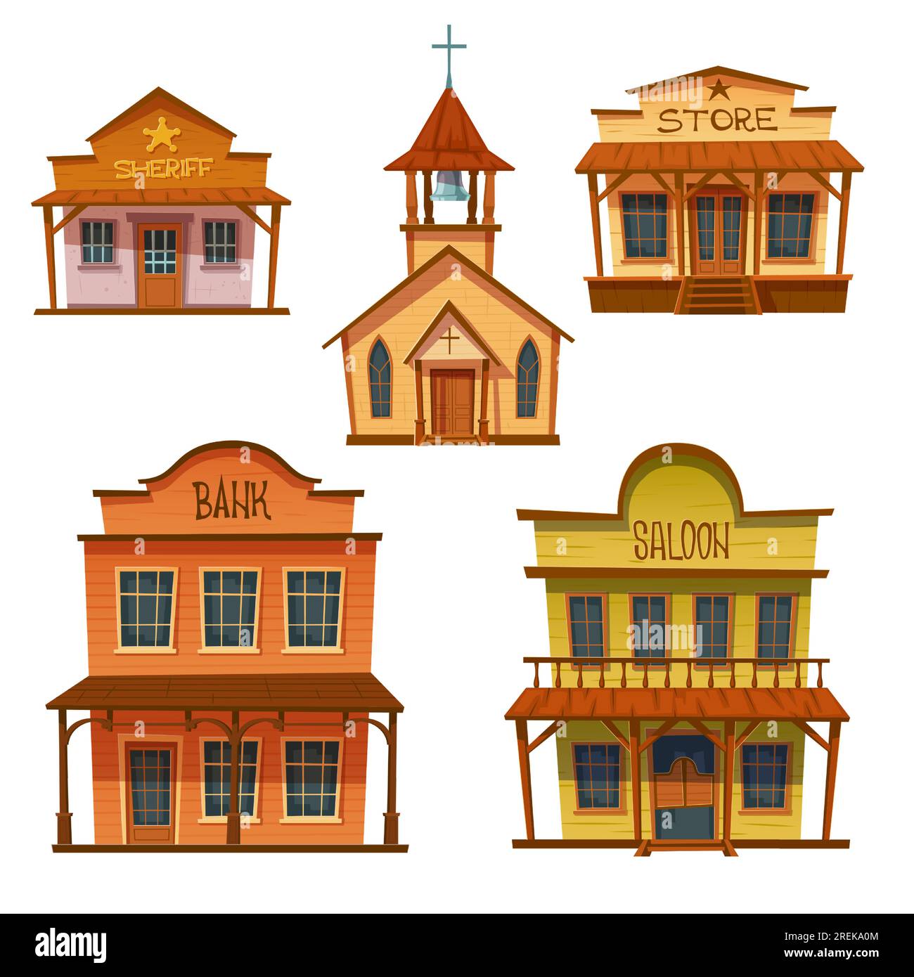 Wild west buildings set. Church, saloon, bank, sheriff and store wooden traditional western architecture isolated on white background. House exterior, cowboy style design, Cartoon vector clip art Stock Vector