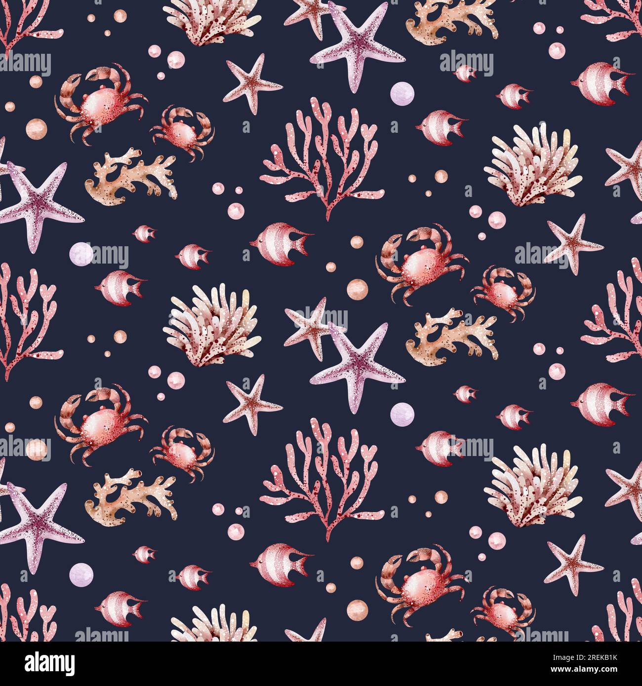 Marine seamless pattern marine animals, corals, plants, seashell