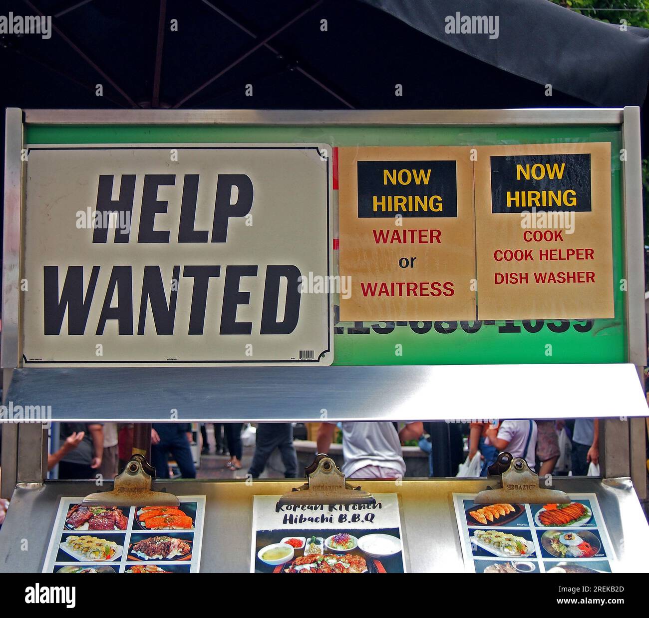 restaurant Help Wanted sign in the Little Tokyo District in downtown Los Angeles, California Stock Photo
