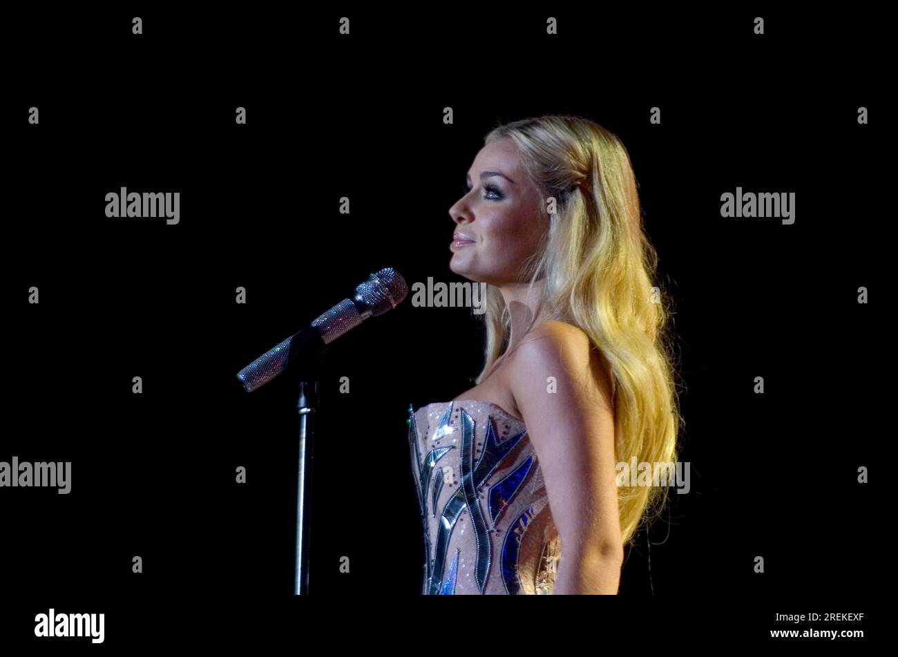 Katherine Jenkins performing at the Welcome to Wales concert at the Millennium Stadium in Cardiff on 29th September 2010 ahead of the Ryder Cup at the Celtic Manor Resort in Newport, UK. Stock Photo