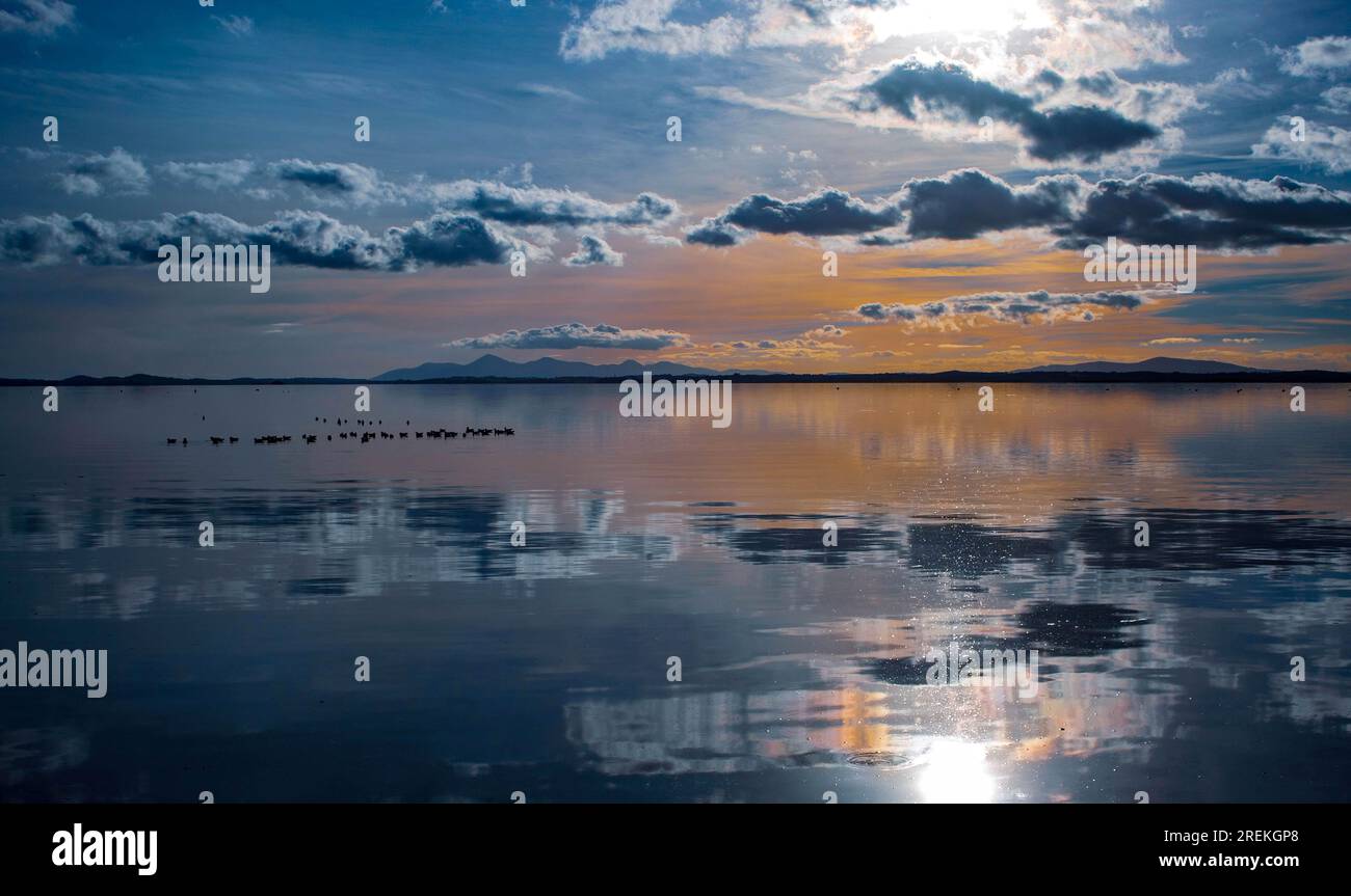 View across Strangford Lough at sunset. The Silhouette of Mourne Mountains on the left with the highest Slieve Donard, and Dromara Hills on the right. Stock Photo