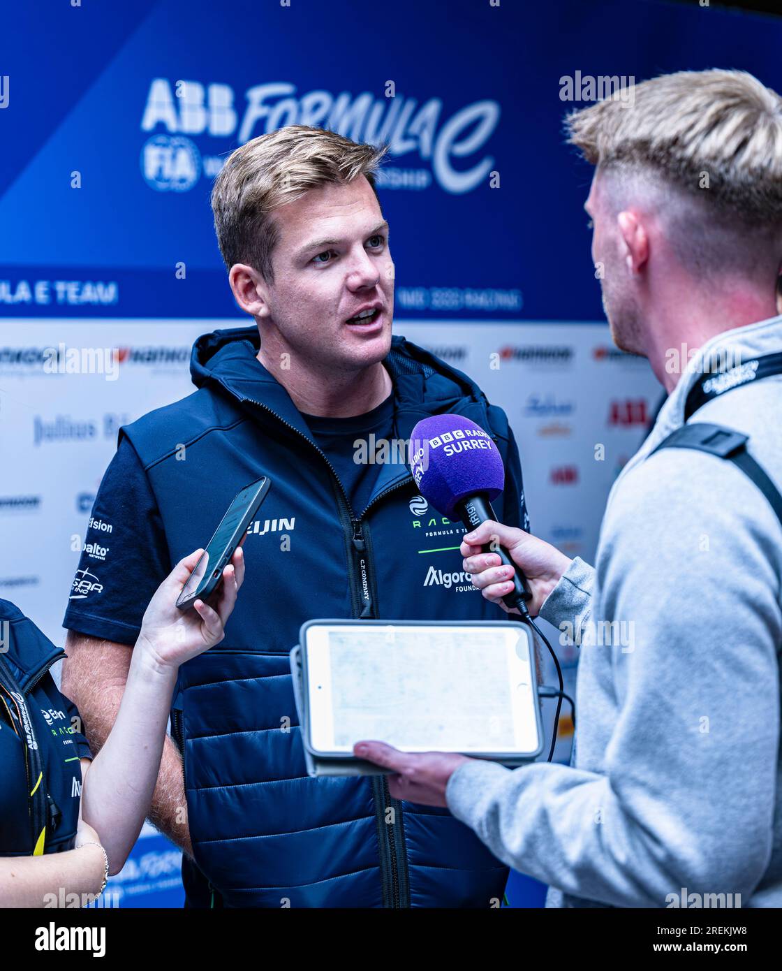 LONDON, UNITED KINGDOM. 28th Jul, 2023. Nick Cassidy gives media interview during ABB FIA Formula E 2023 Hankook London E-Prix at The ExCeL on Friday, July 28, 2023 in LONDON, ENGLAND. Credit: Taka G Wu/Alamy Live News Stock Photo