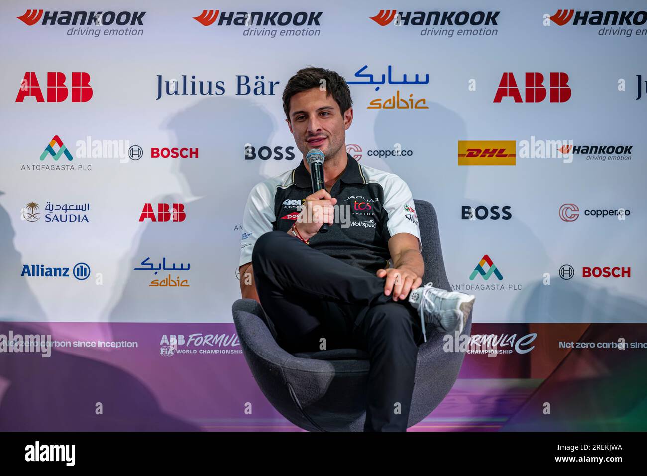 LONDON, UNITED KINGDOM. 28th Jul, 2023. Mitch Evens of Jaguar TCS Racing at Driver’s Press Conference during ABB FIA Formula E 2023 Hankook London E-Prix at The ExCeL on Friday, July 28, 2023 in LONDON, ENGLAND. Credit: Taka G Wu/Alamy Live News Stock Photo