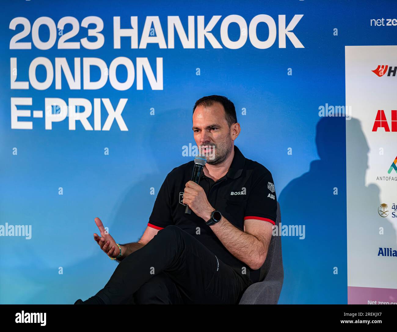 LONDON, UNITED KINGDOM. 28th Jul, 2023. Florian Modilinger of TAG Heuer Porsche at Press Conference (Team Representatives) during ABB FIA Formula E 2023 Hankook London E-Prix at The ExCeL on Friday, July 28, 2023 in LONDON, ENGLAND. Credit: Taka G Wu/Alamy Live News Stock Photo