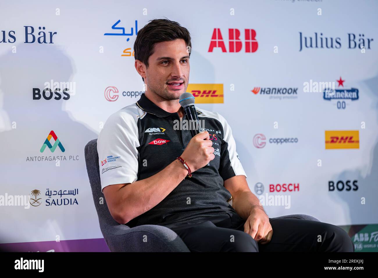 LONDON, UNITED KINGDOM. 28th Jul, 2023. Mitch Evens of Jaguar TCS Racing at Driver’s Press Conference during ABB FIA Formula E 2023 Hankook London E-Prix at The ExCeL on Friday, July 28, 2023 in LONDON, ENGLAND. Credit: Taka G Wu/Alamy Live News Stock Photo