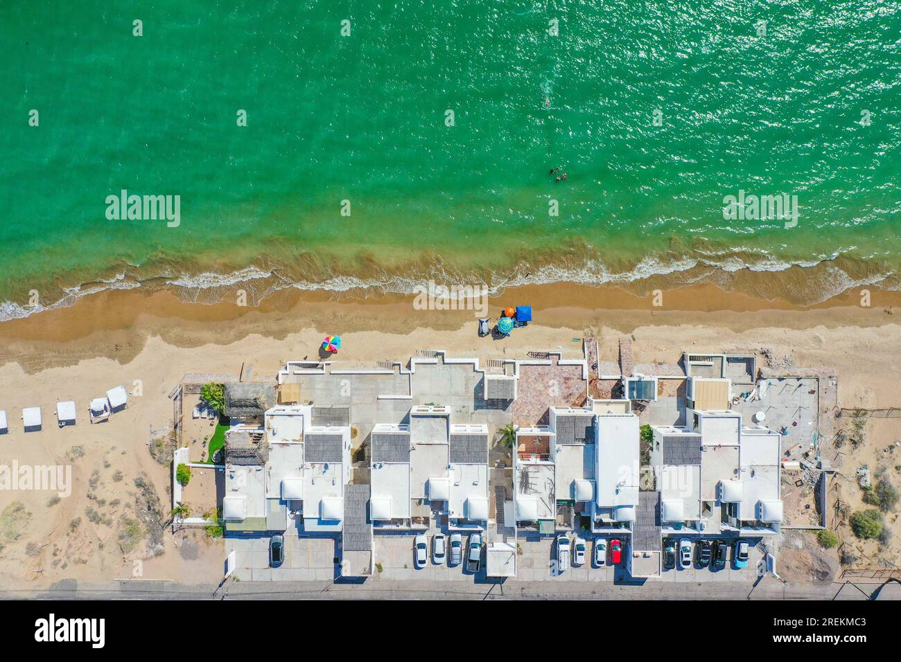 Aerial view of the beach, condominiums and apartments of Bahia de Kino