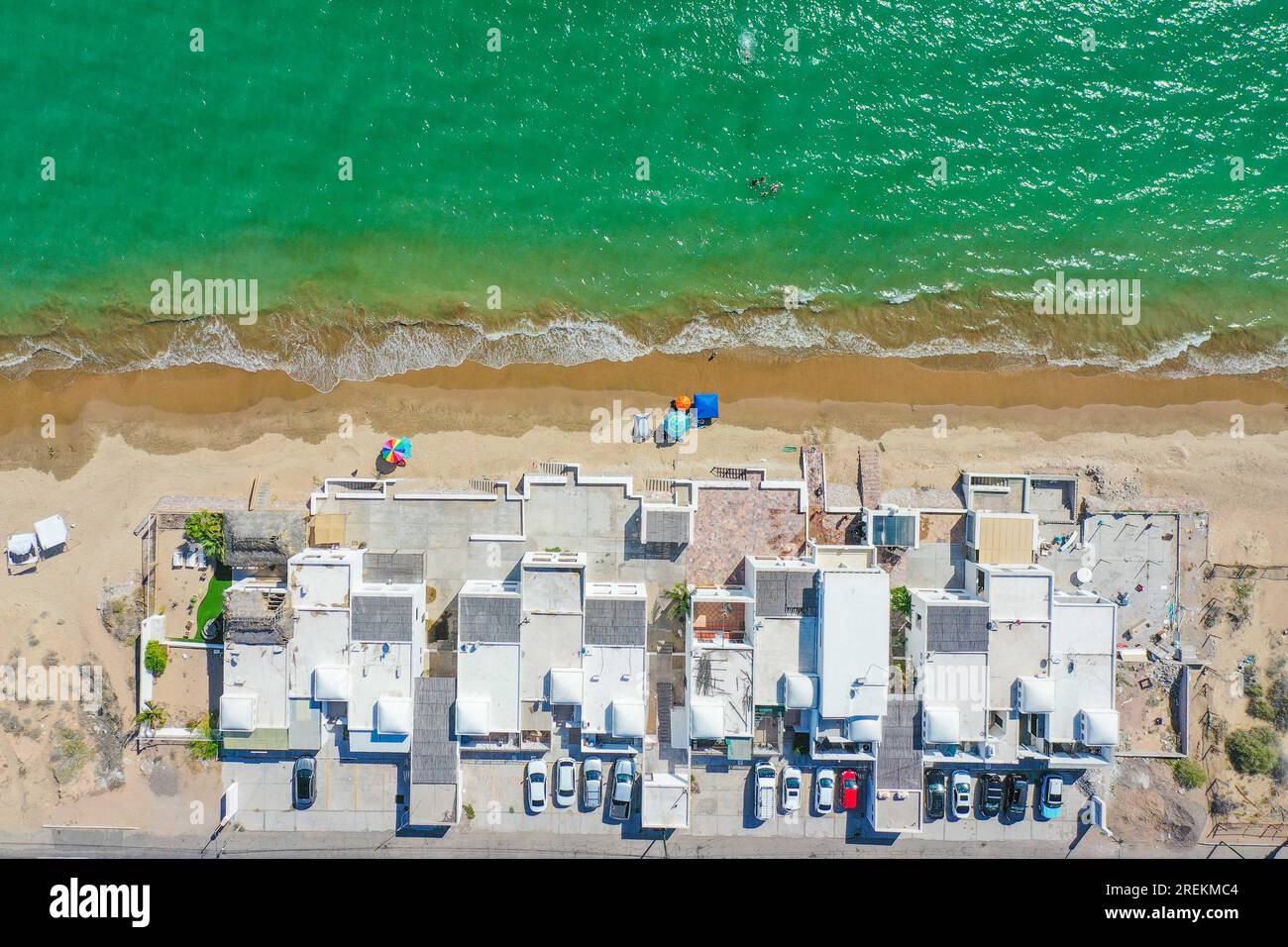 Aerial view of the beach, condominiums and apartments of Bahia de Kino