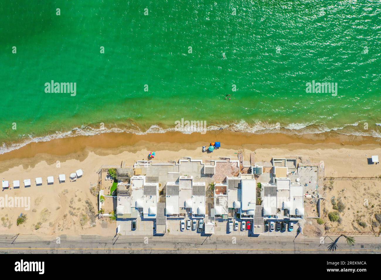 Aerial view of the beach, condominiums and apartments of Bahia de Kino, Sonora Mexico. real