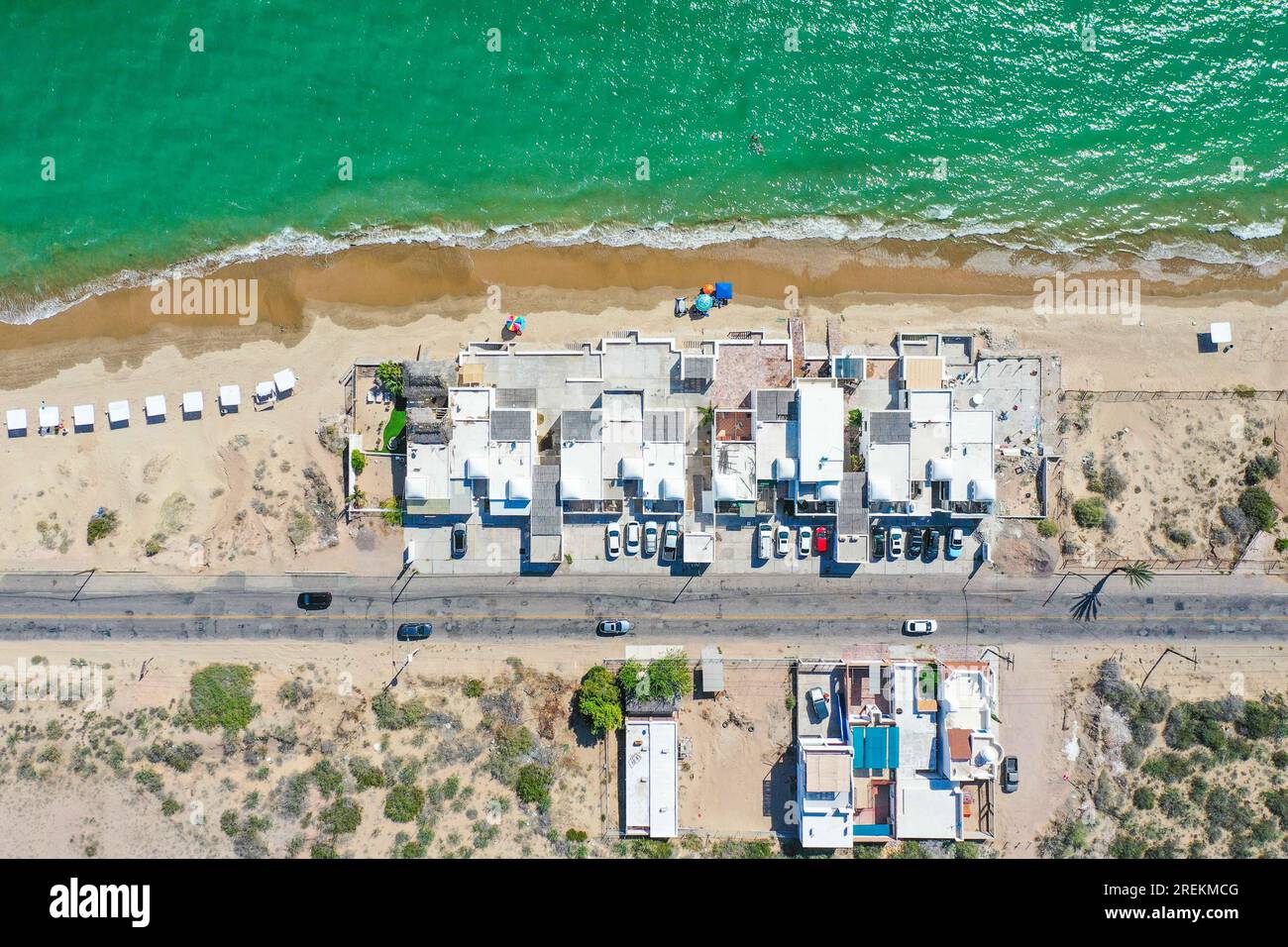 Aerial view of the beach, condominiums and apartments of Bahia de Kino