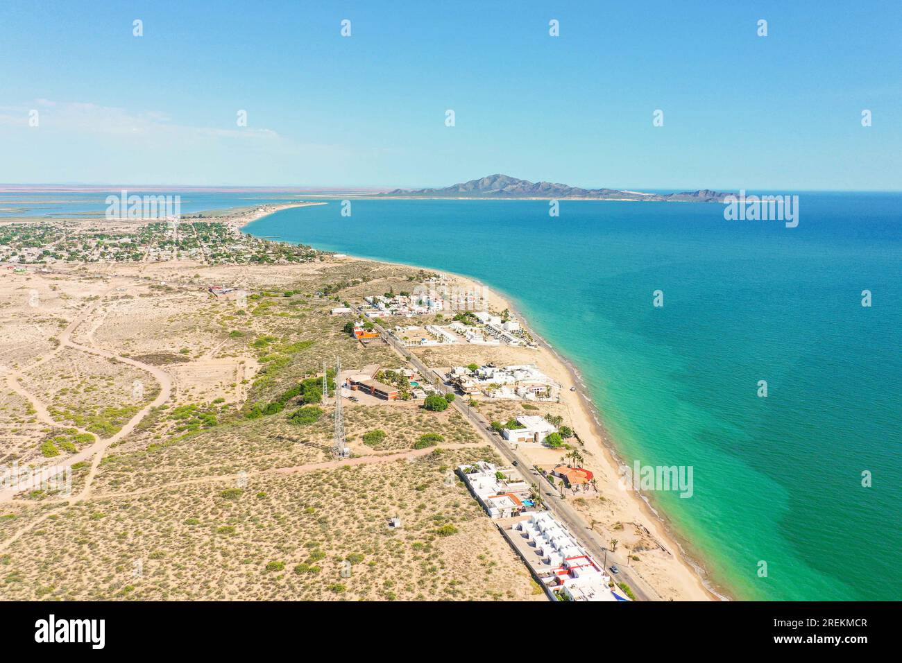 Aerial view of the beach, condominiums and apartments of Bahia de Kino