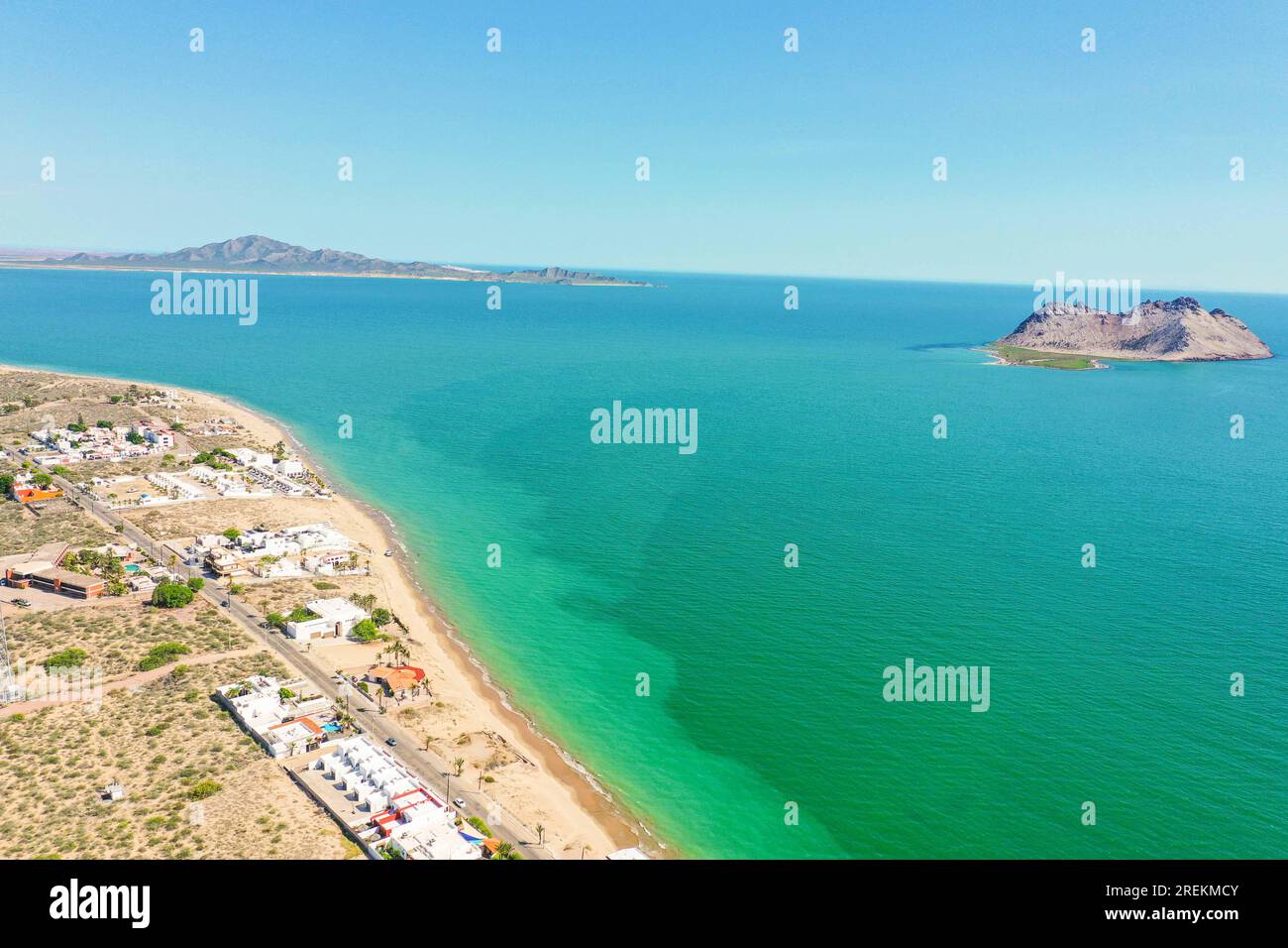 Aerial view of the beach, condominiums and apartments of Bahia de Kino, Sonora Mexico. real
