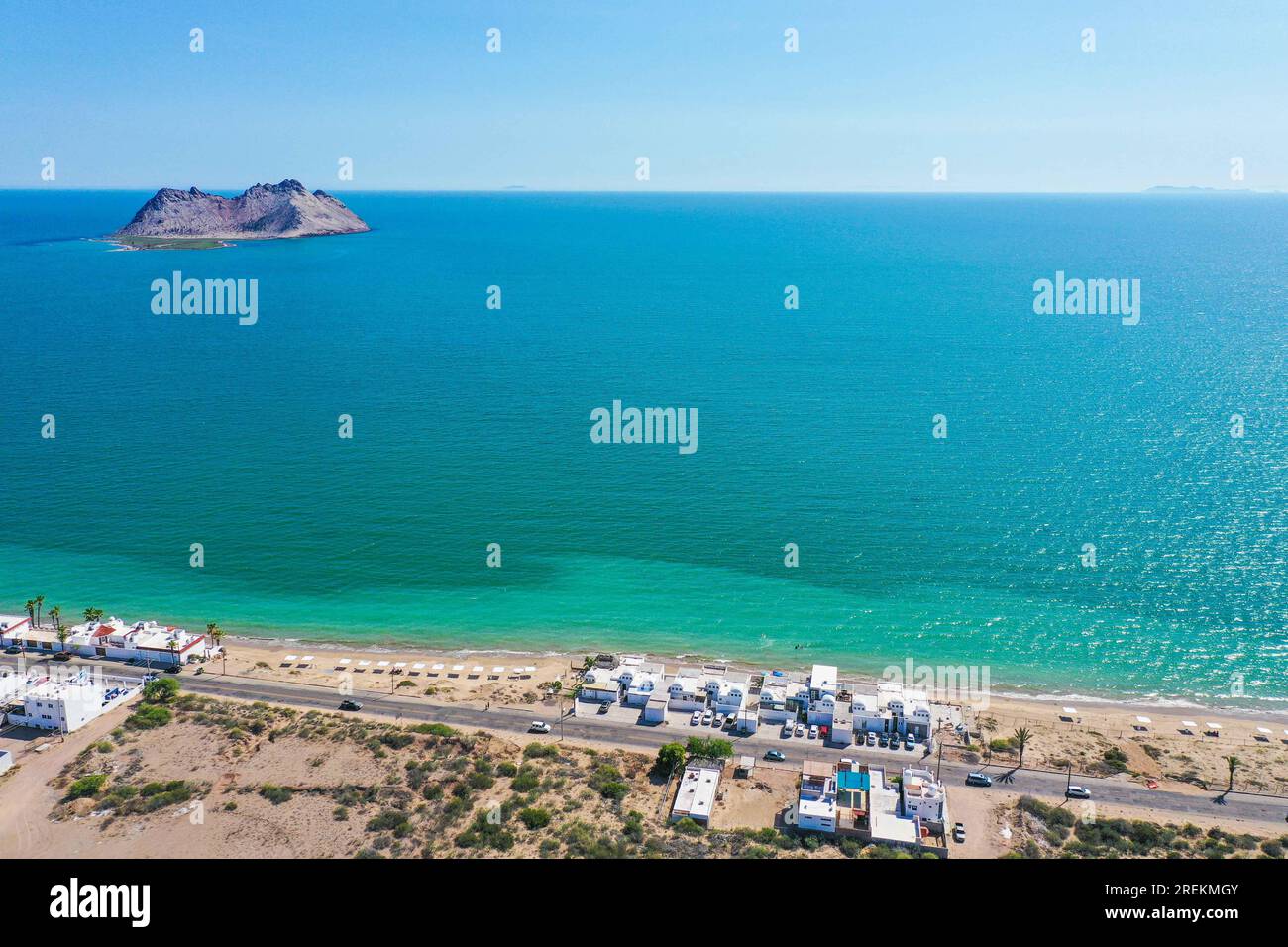 Aerial view of the beach, condominiums and apartments of Bahia de Kino, Sonora Mexico. real