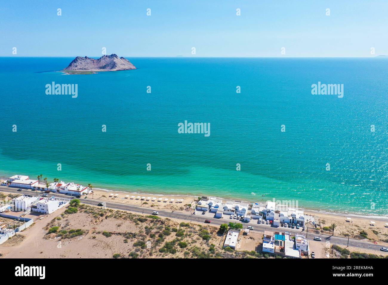 Aerial view of the beach, condominiums and apartments of Bahia de Kino