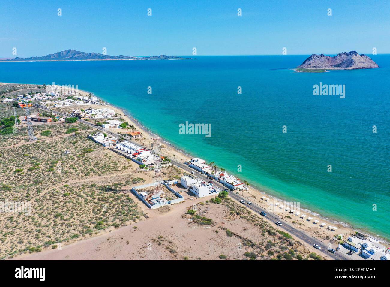 Aerial view of the beach, condominiums and apartments of Bahia de Kino, Sonora Mexico. real