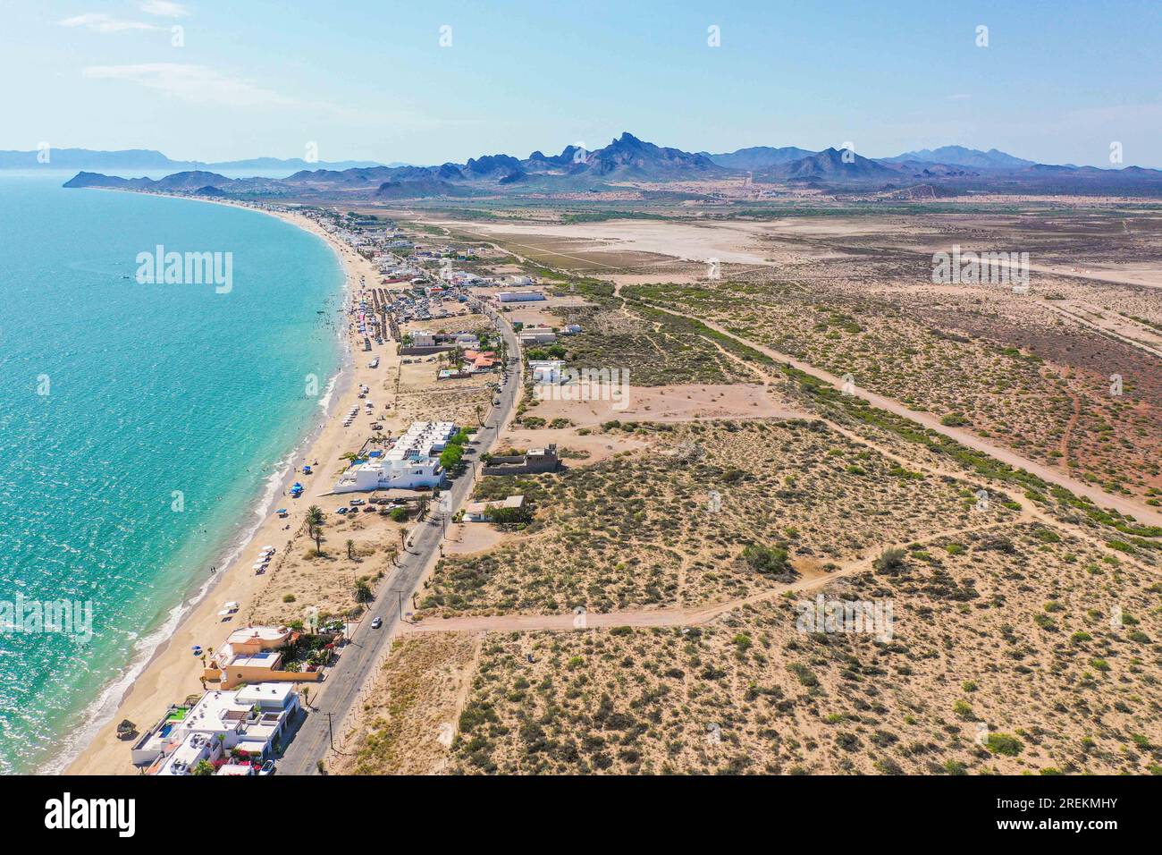 Aerial view of the beach, condominiums and apartments of Bahia de Kino, Sonora Mexico. real