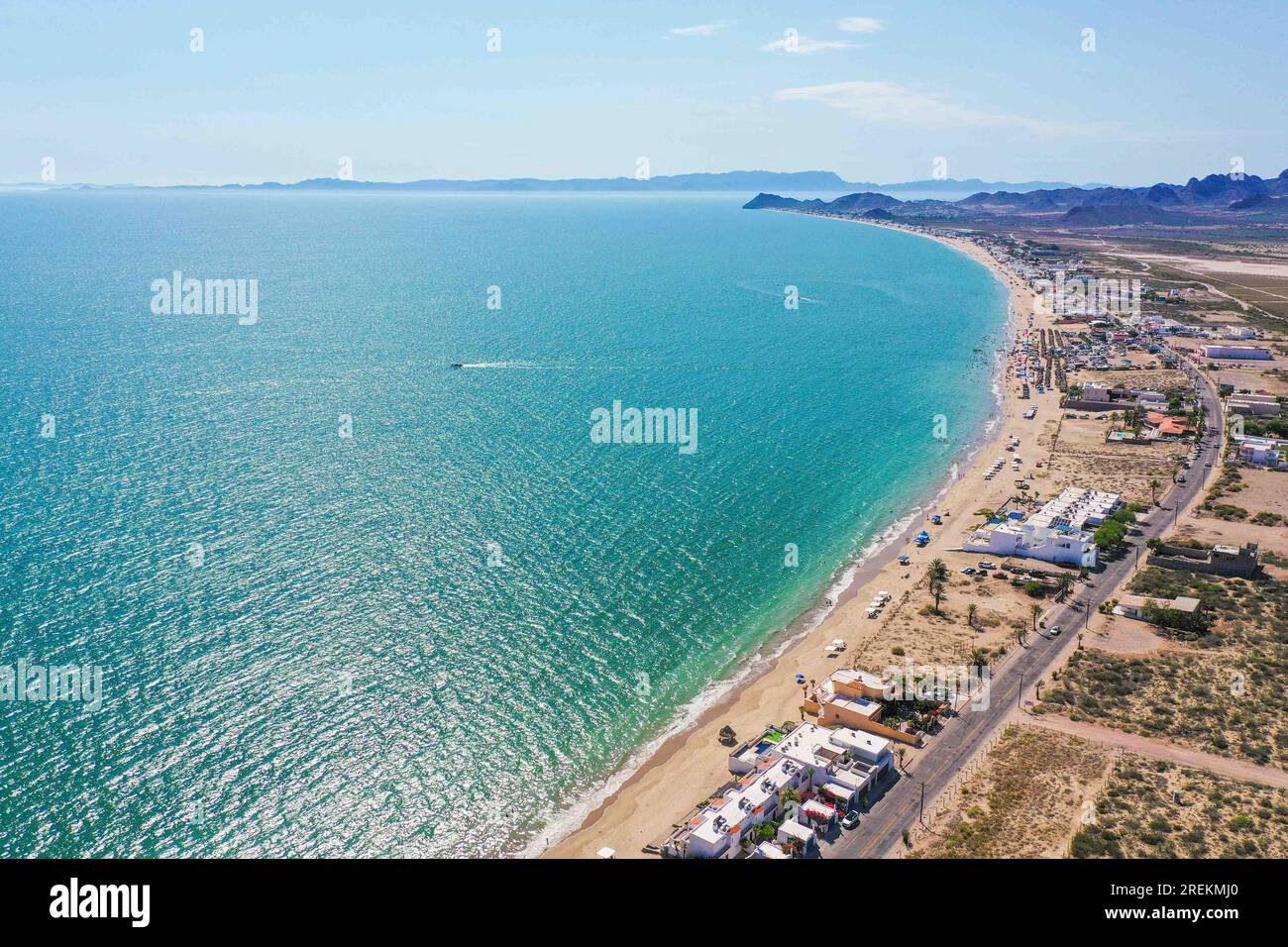 Aerial view of the beach, condominiums and apartments of Bahia de Kino, Sonora Mexico. real
