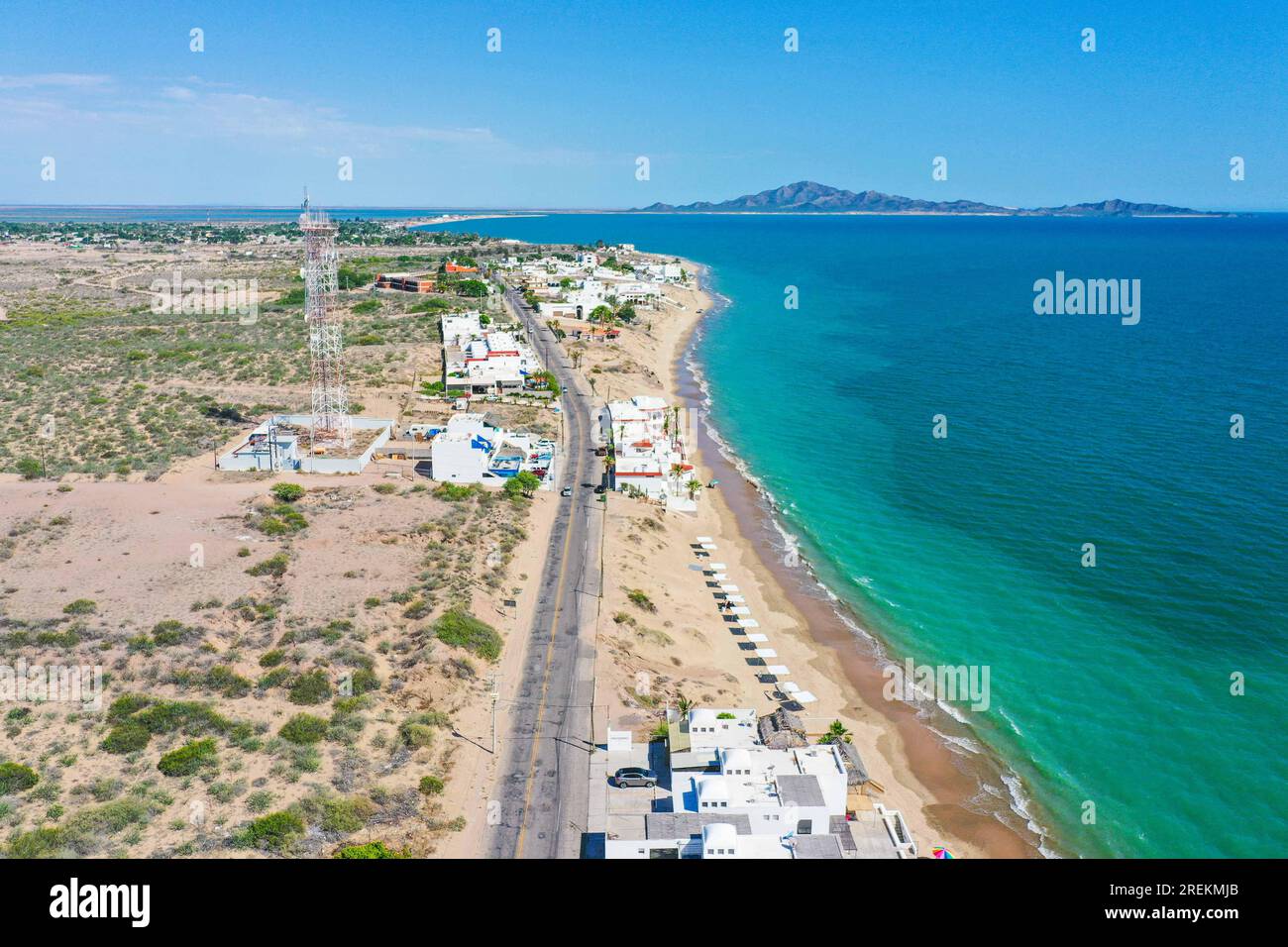 Aerial view of the beach, condominiums and apartments of Bahia de Kino