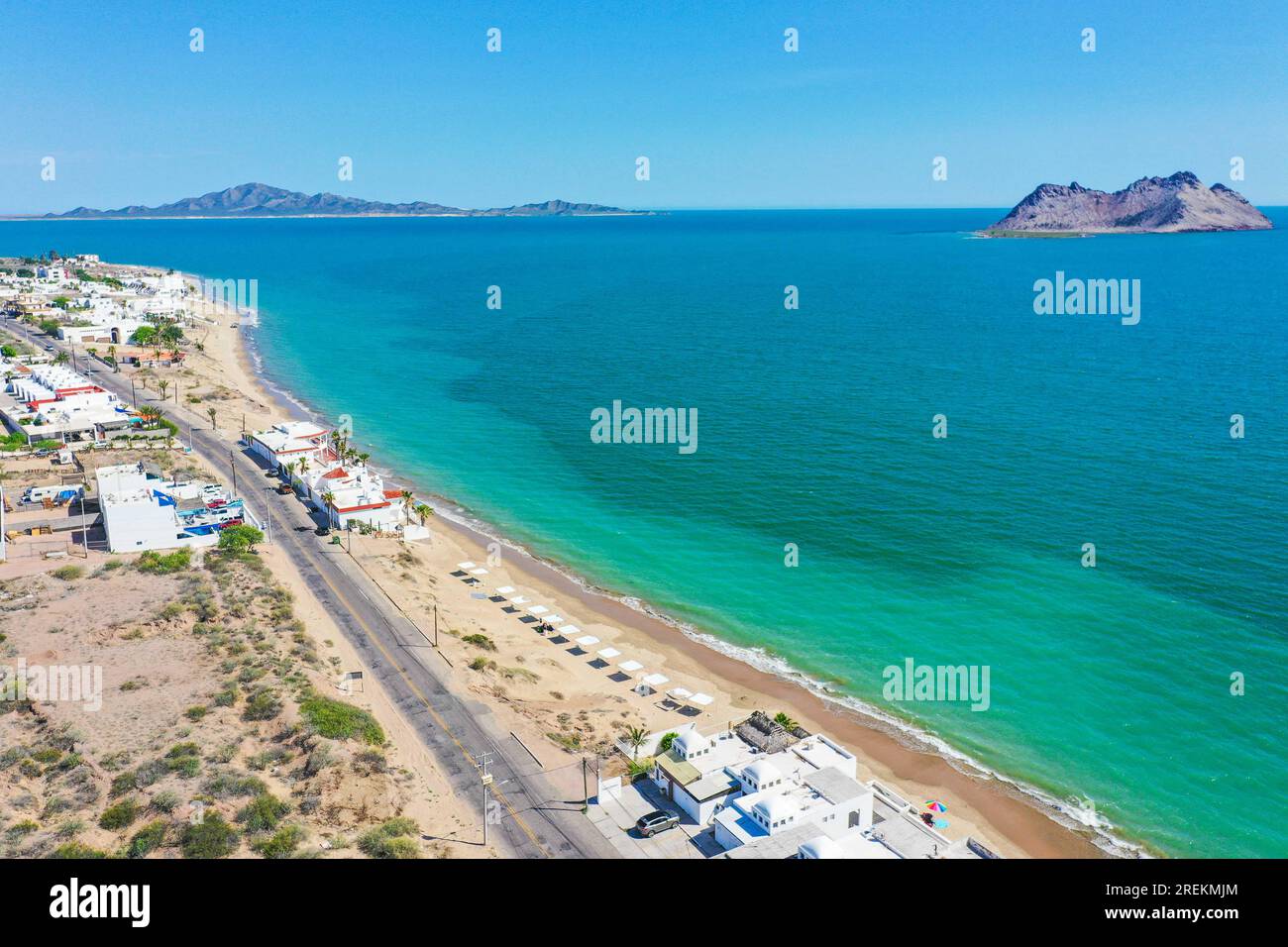 Aerial view of the beach, condominiums and apartments of Bahia de Kino