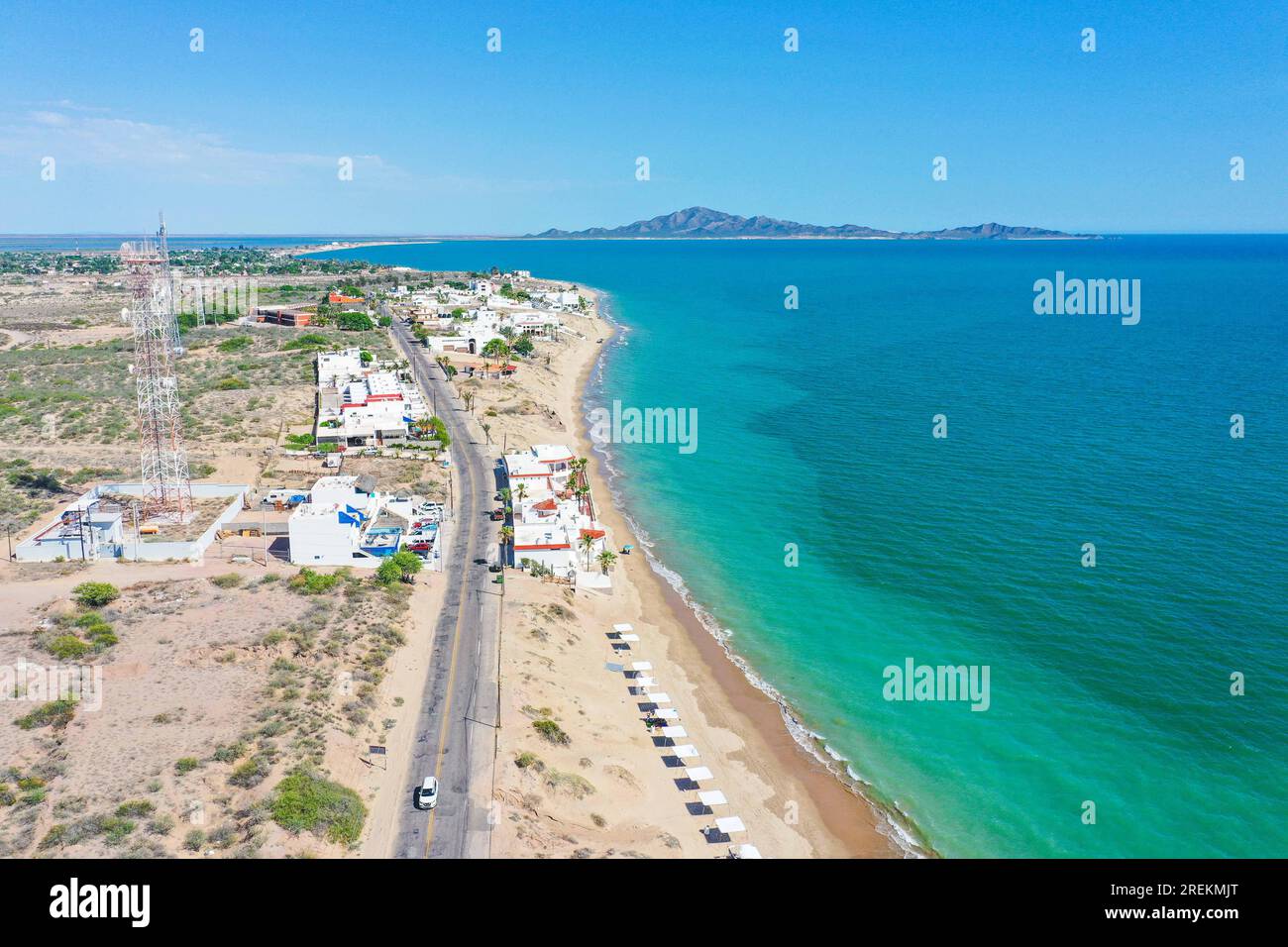 Aerial view of the beach, condominiums and apartments of Bahia de Kino, Sonora Mexico. real