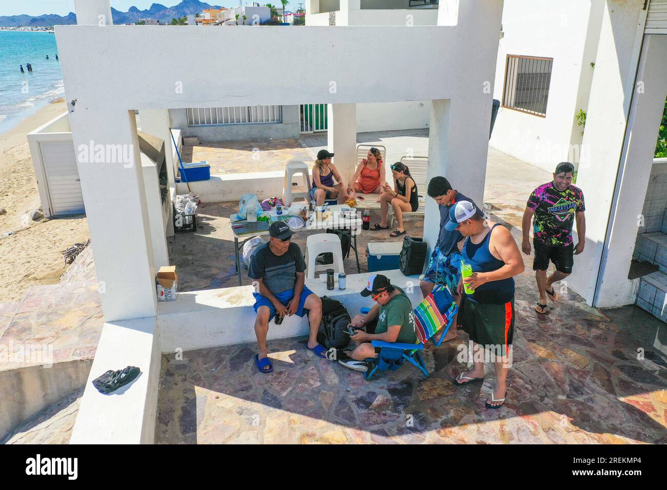 Aerial view of the beach, condominiums and apartments of Bahia de Kino, Sonora Mexico. real