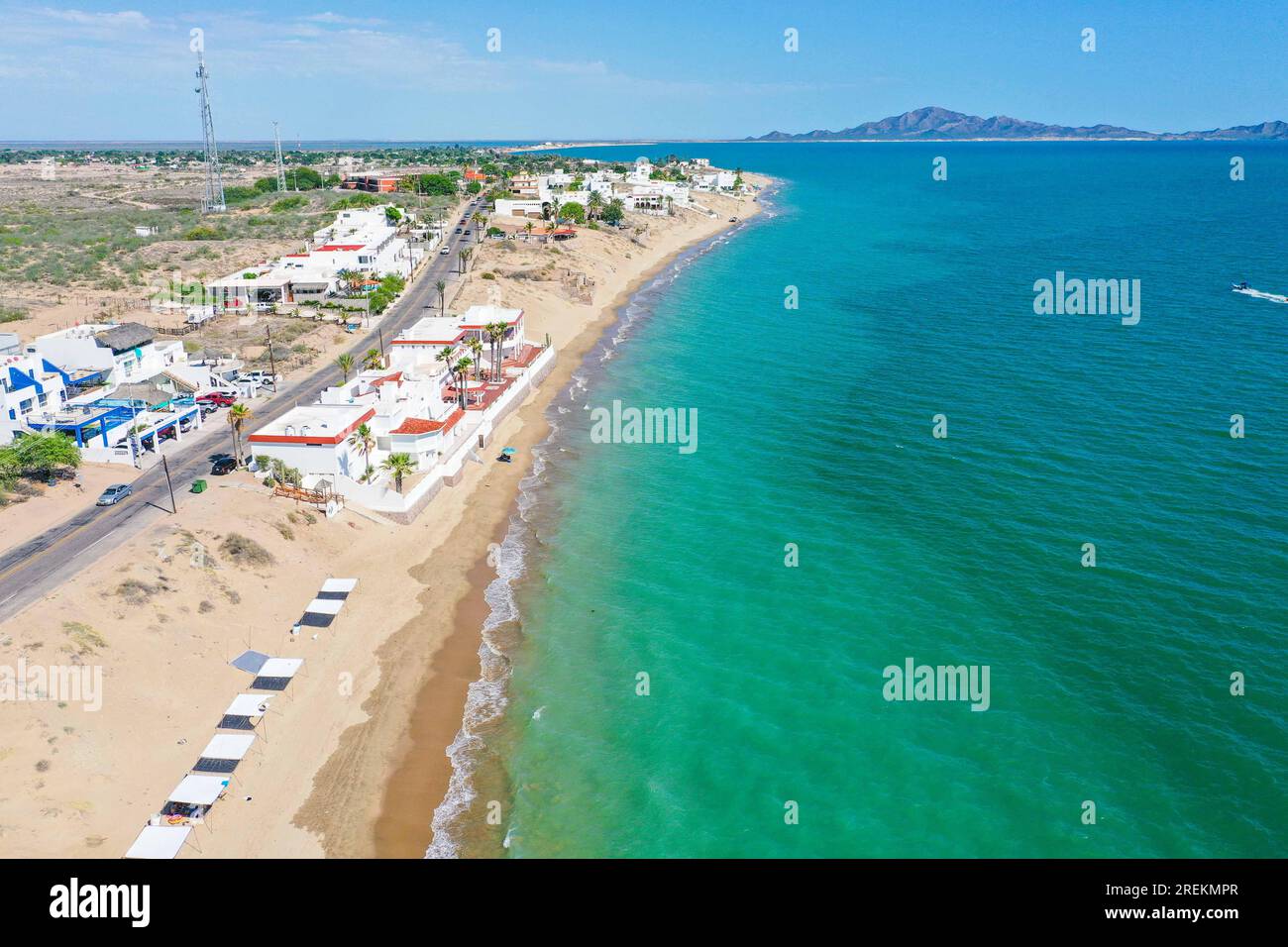 Aerial view of the beach, condominiums and apartments of Bahia de Kino