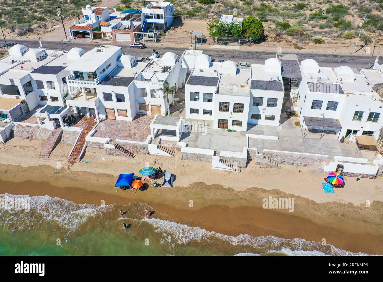 Aerial view of the beach, condominiums and apartments of Bahia de Kino